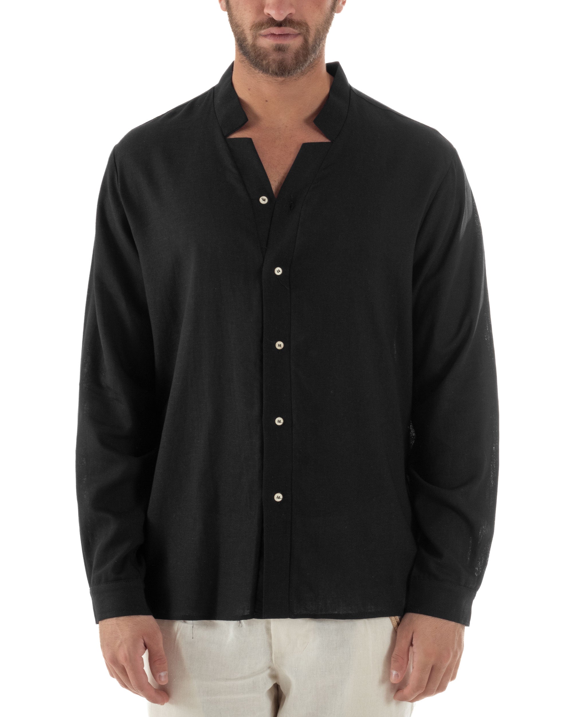 Camicia Uomo In Lino Collo Coreano Scollo V Morbida Leggera Tinta Unita Basic Nero GIOSAL-C2955A