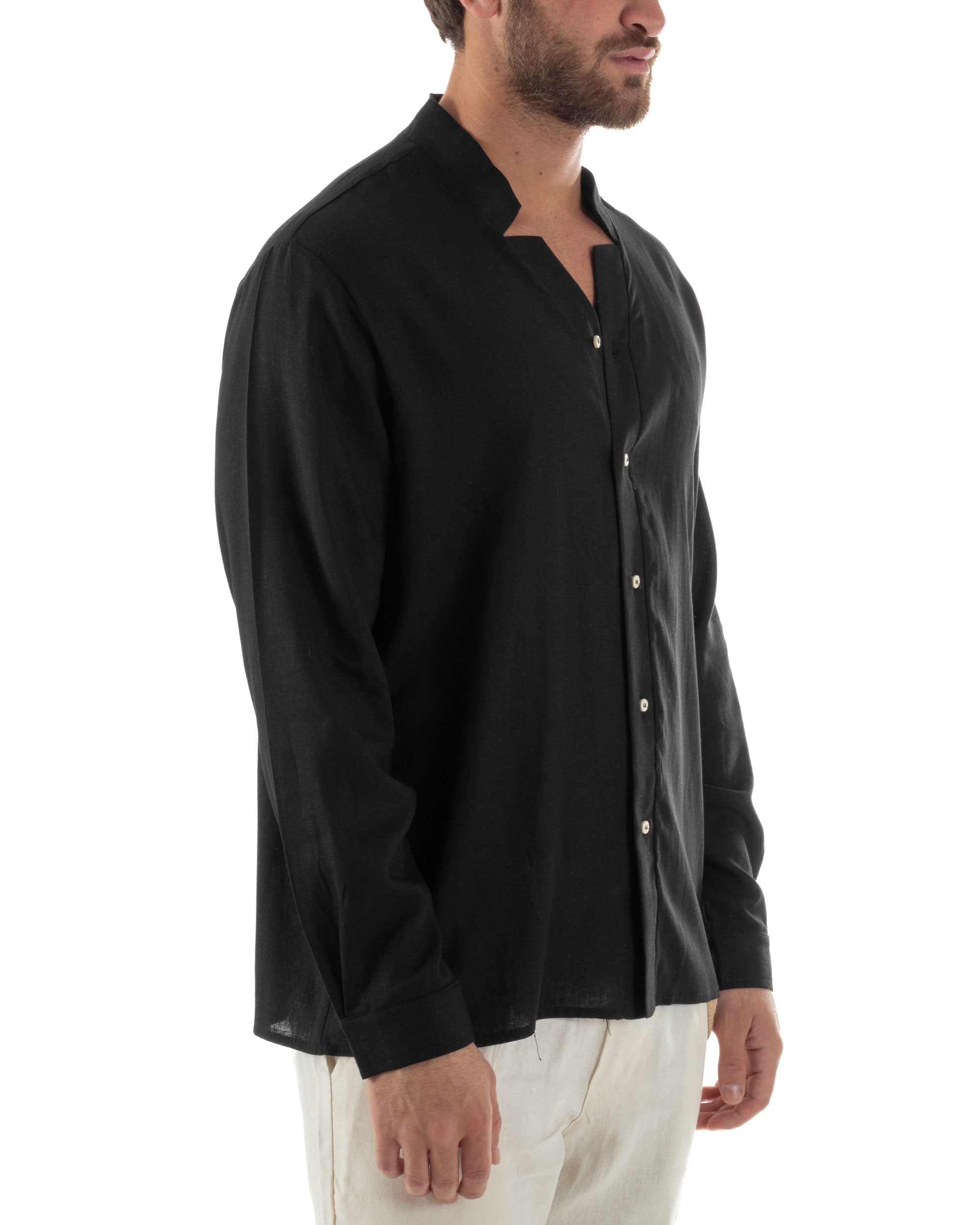 Camicia Uomo In Lino Collo Coreano Scollo V Morbida Leggera Tinta Unita Basic Nero GIOSAL-C2955A