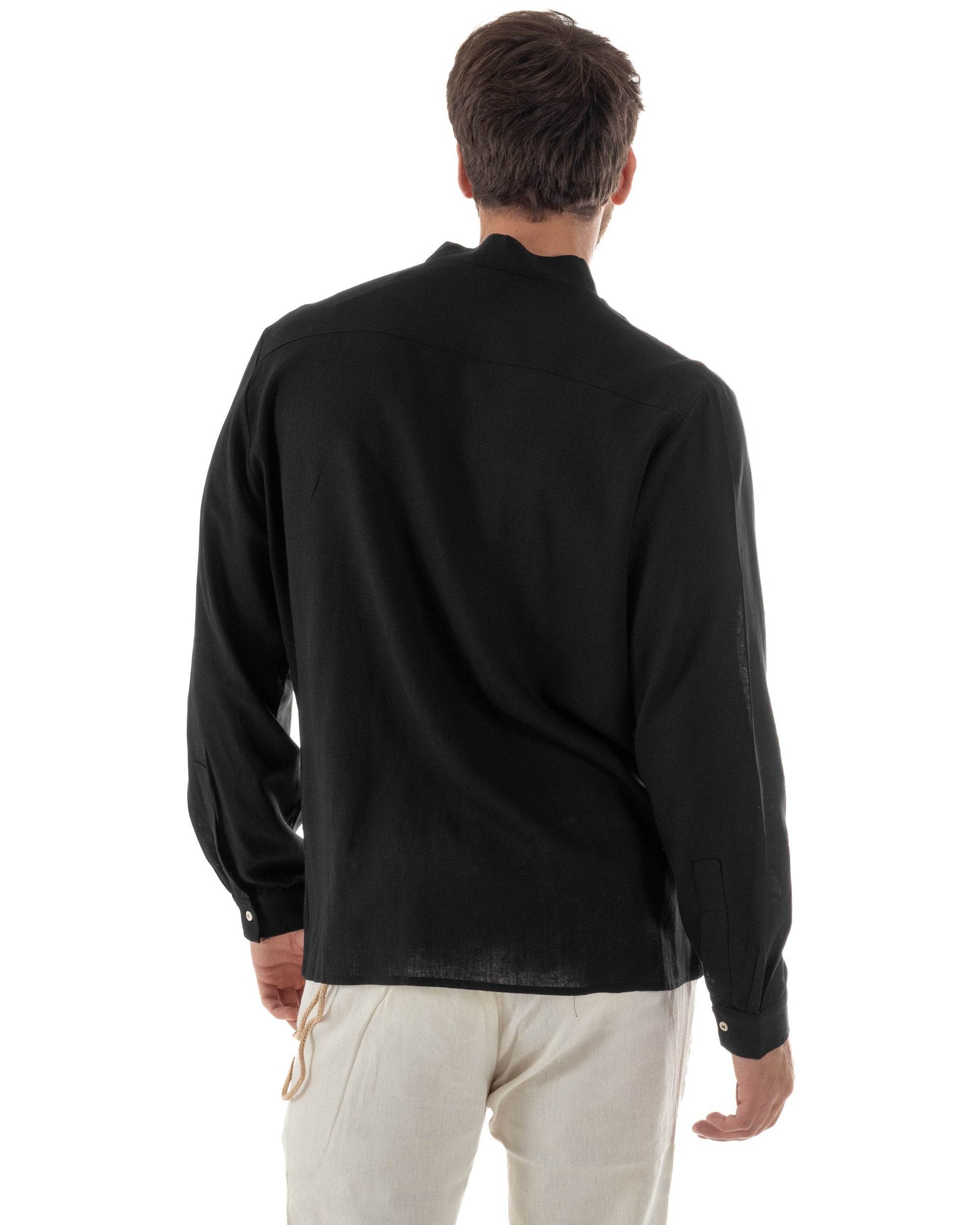 Camicia Uomo In Lino Collo Coreano Scollo V Morbida Leggera Tinta Unita Basic Nero GIOSAL-C2955A