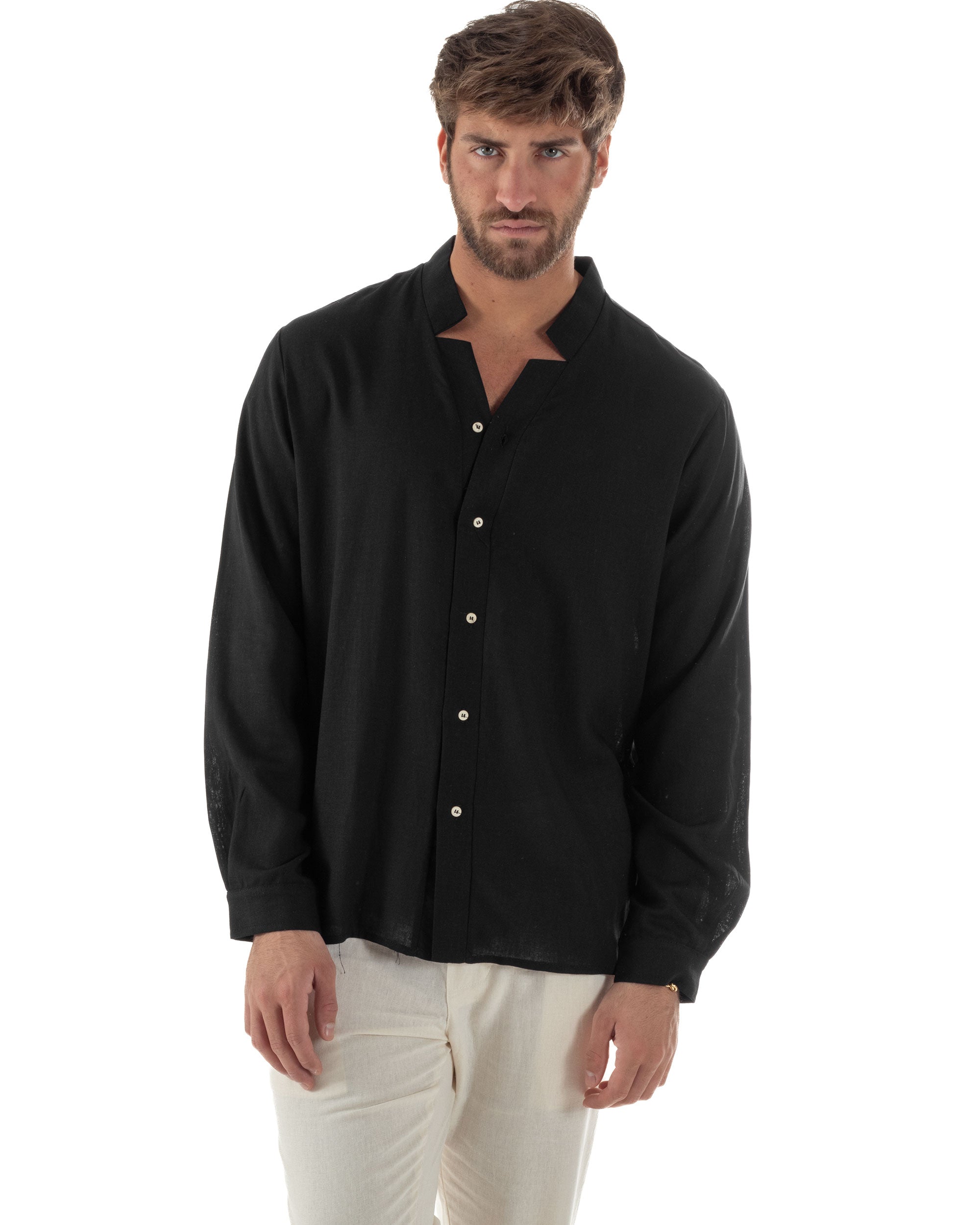 Camicia Uomo In Lino Collo Coreano Scollo V Morbida Leggera Tinta Unita Basic Nero GIOSAL-C2955A