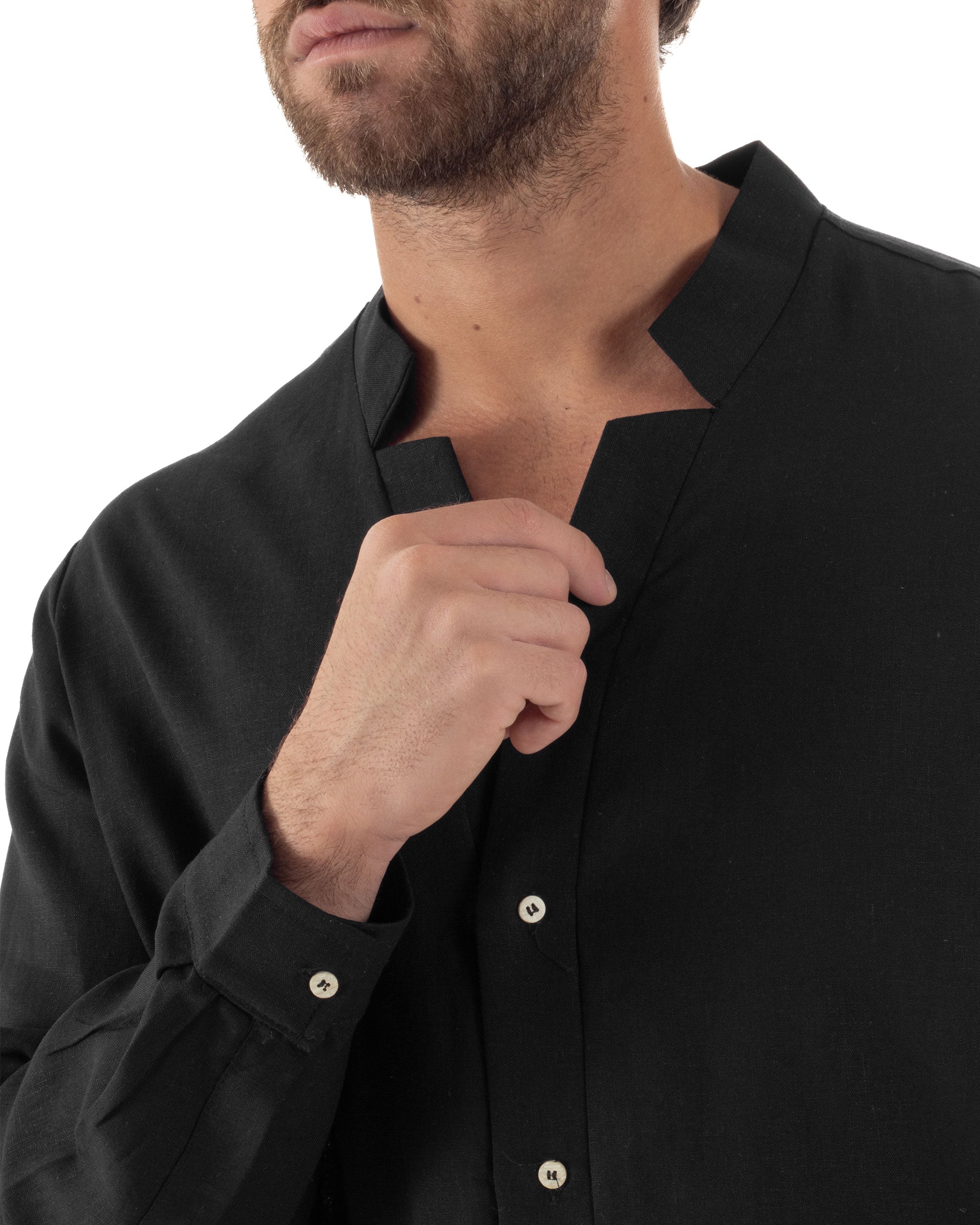 Camicia Uomo In Lino Collo Coreano Scollo V Morbida Leggera Tinta Unita Basic Nero GIOSAL-C2955A