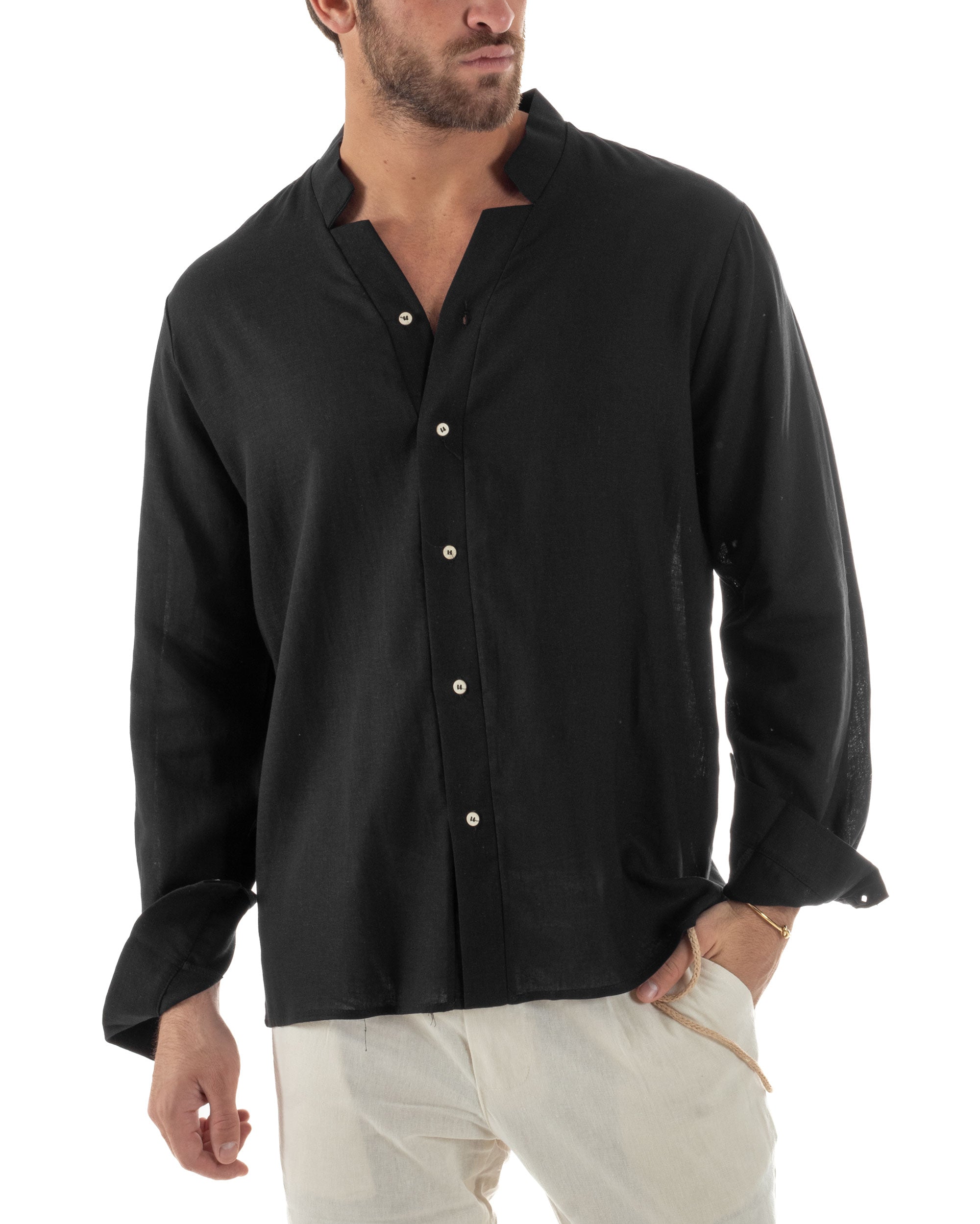 Camicia Uomo In Lino Collo Coreano Scollo V Morbida Leggera Tinta Unita Basic Nero GIOSAL-C2955A