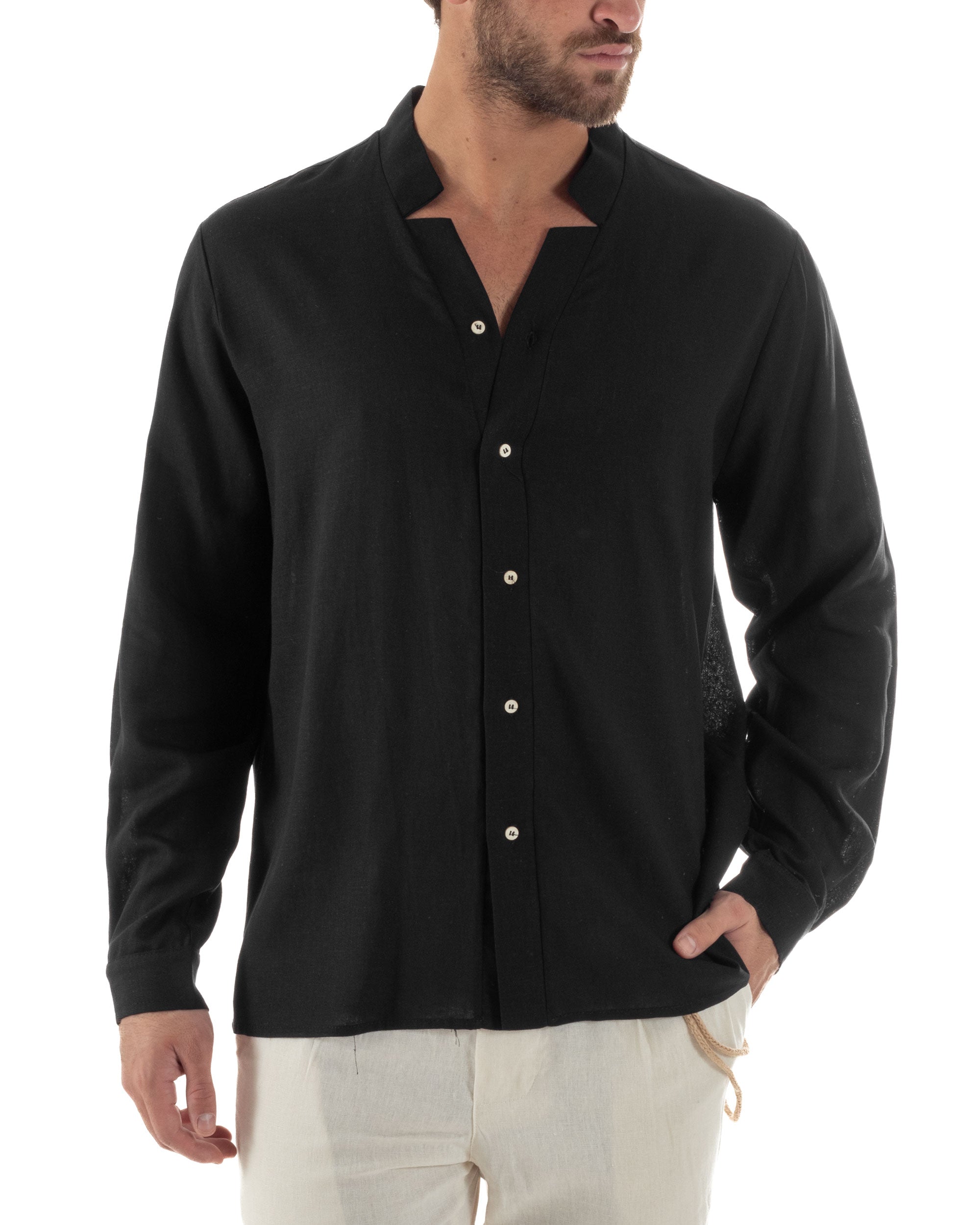 Camicia Uomo In Lino Collo Coreano Scollo V Morbida Leggera Tinta Unita Basic Nero GIOSAL-C2955A
