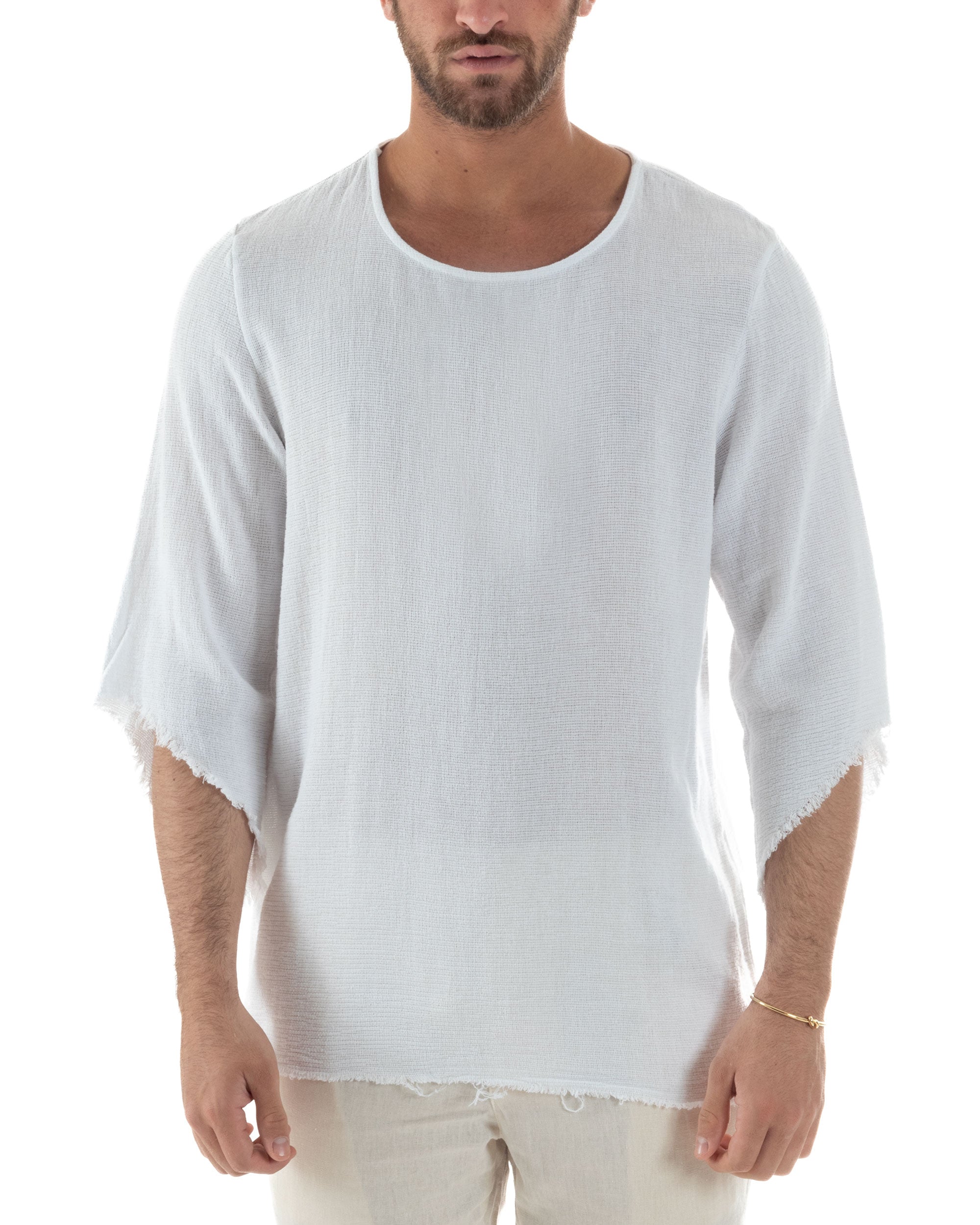 Camicia Uomo In Lino Cotone Casacca Scollata Sfrangiata Morbida Leggera Maniche Tre Quarti Tinta Unita Basic Bianco GIOSAL-C2956A