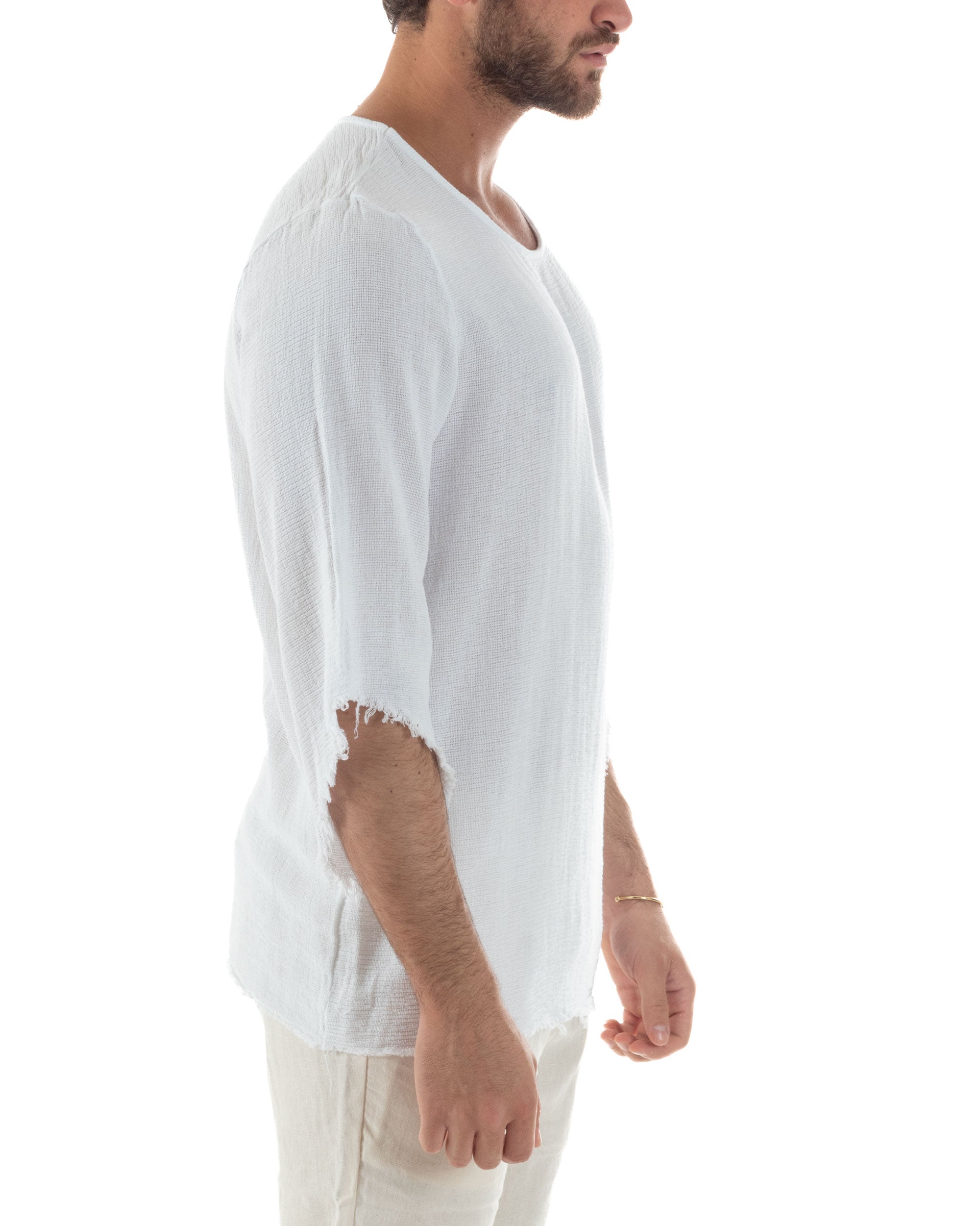 Camicia Uomo In Lino Cotone Casacca Scollata Sfrangiata Morbida Leggera Maniche Tre Quarti Tinta Unita Basic Bianco GIOSAL-C2956A