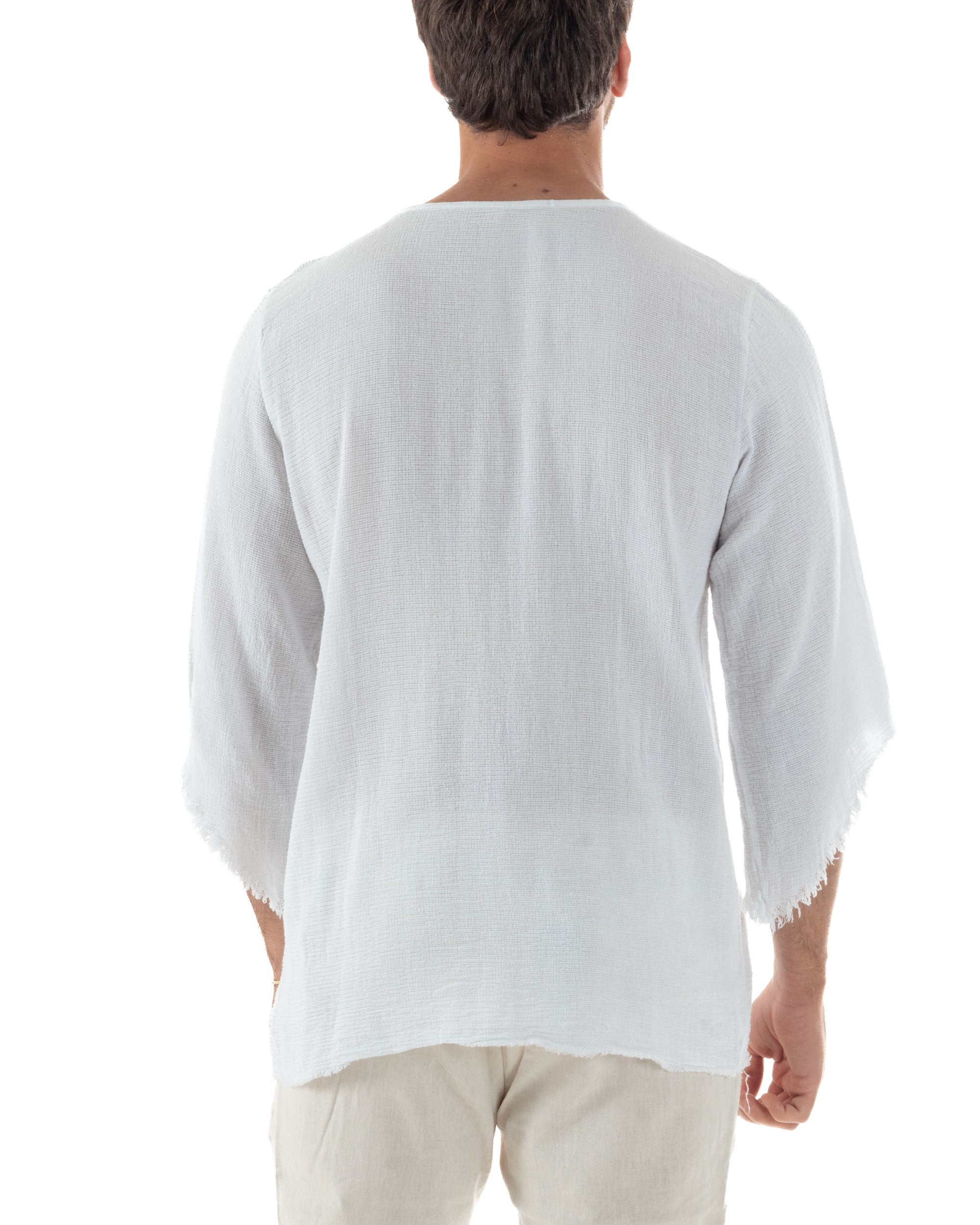 Camicia Uomo In Lino Cotone Casacca Scollata Sfrangiata Morbida Leggera Maniche Tre Quarti Tinta Unita Basic Bianco GIOSAL-C2956A