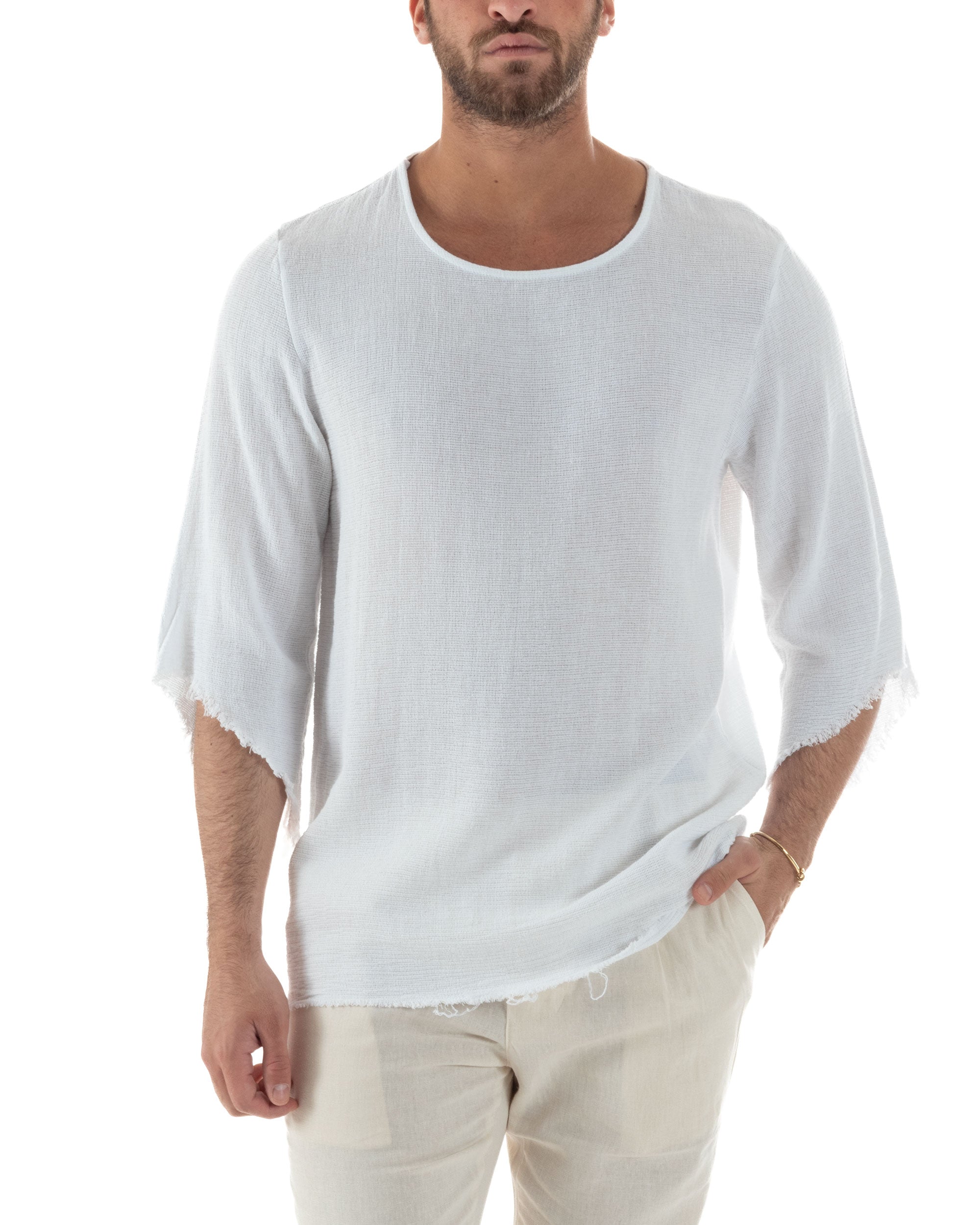 Camicia Uomo In Lino Cotone Casacca Scollata Sfrangiata Morbida Leggera Maniche Tre Quarti Tinta Unita Basic Bianco GIOSAL-C2956A
