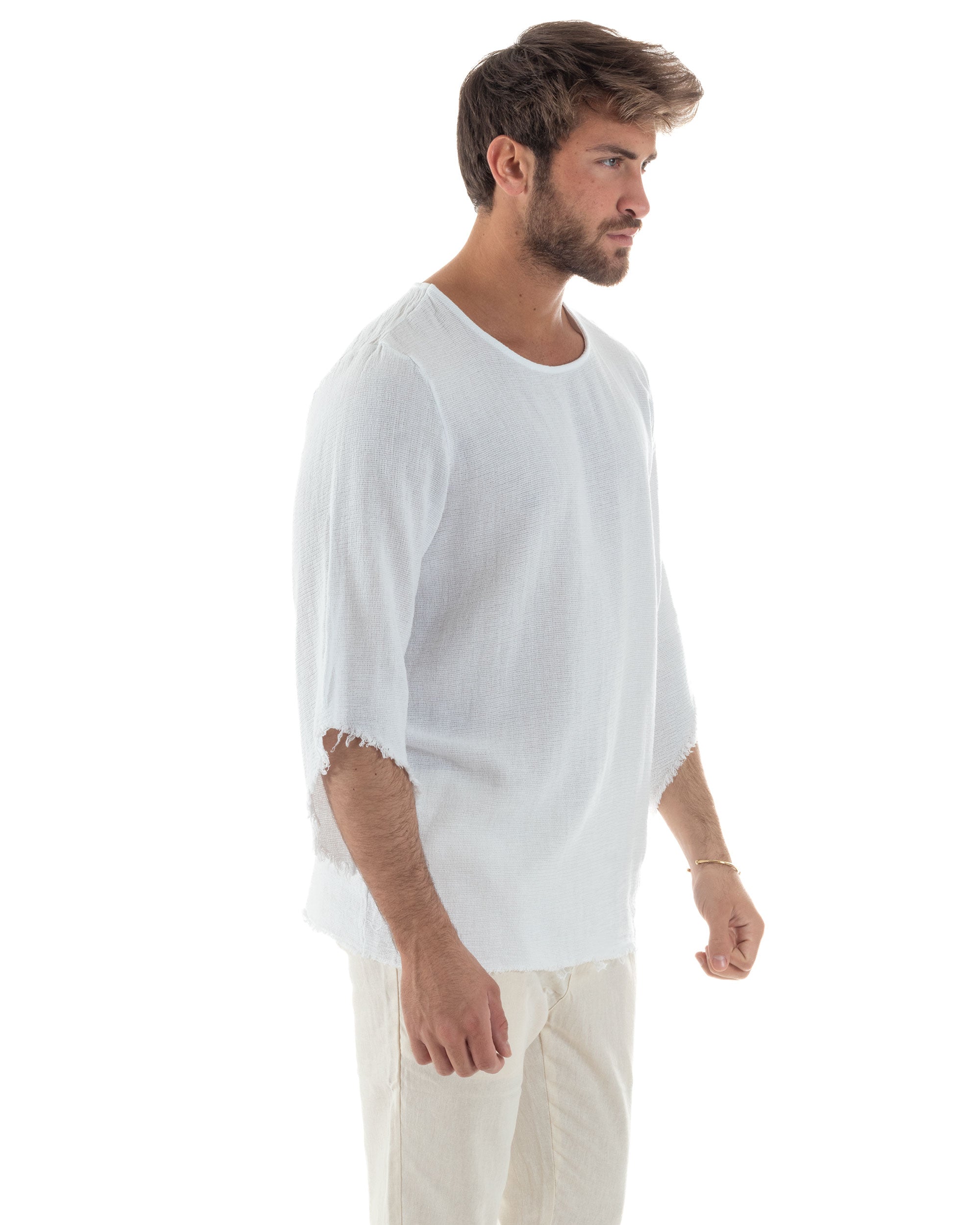 Camicia Uomo In Lino Cotone Casacca Scollata Sfrangiata Morbida Leggera Maniche Tre Quarti Tinta Unita Basic Bianco GIOSAL-C2956A