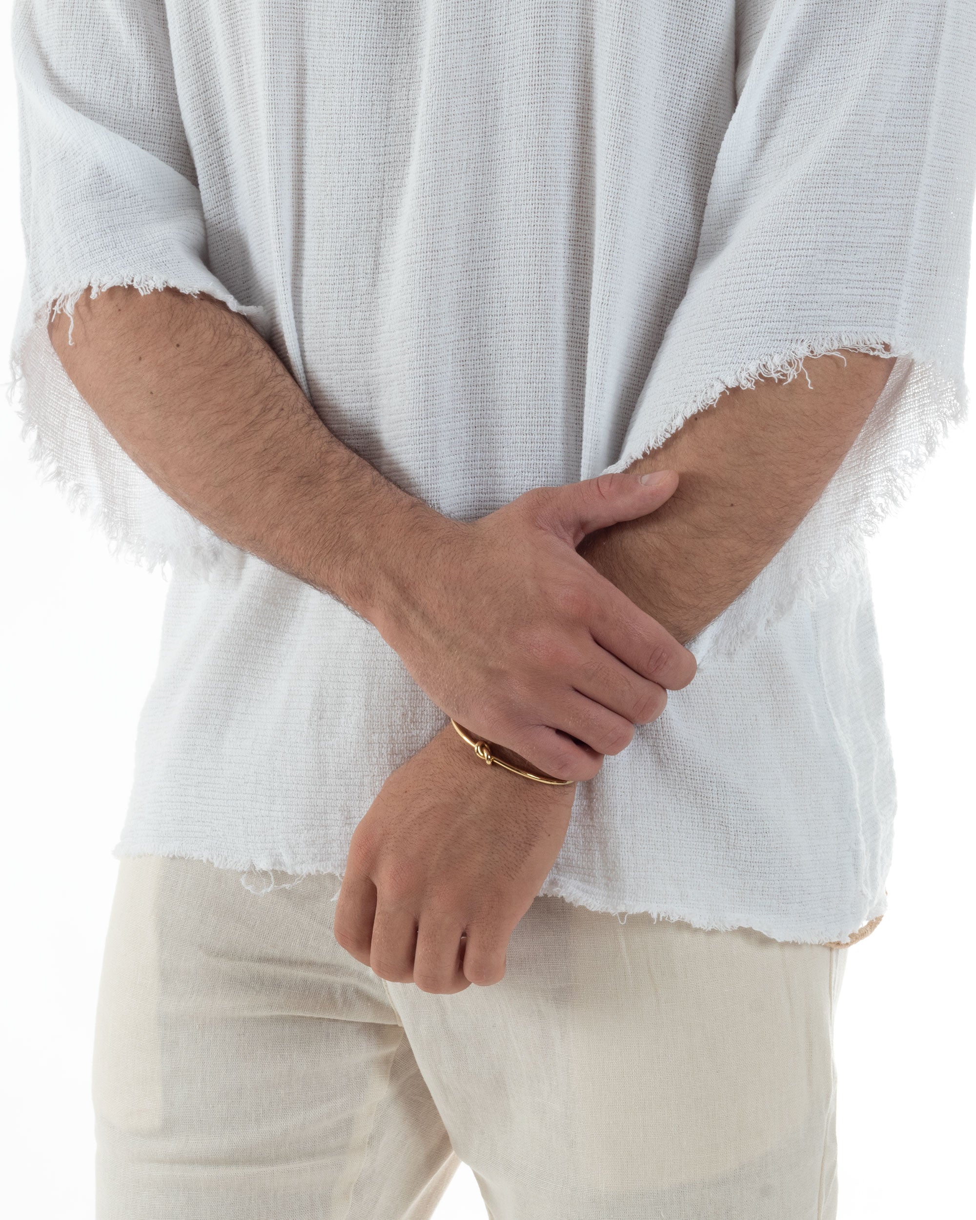 Camicia Uomo In Lino Cotone Casacca Scollata Sfrangiata Morbida Leggera Maniche Tre Quarti Tinta Unita Basic Bianco GIOSAL-C2956A