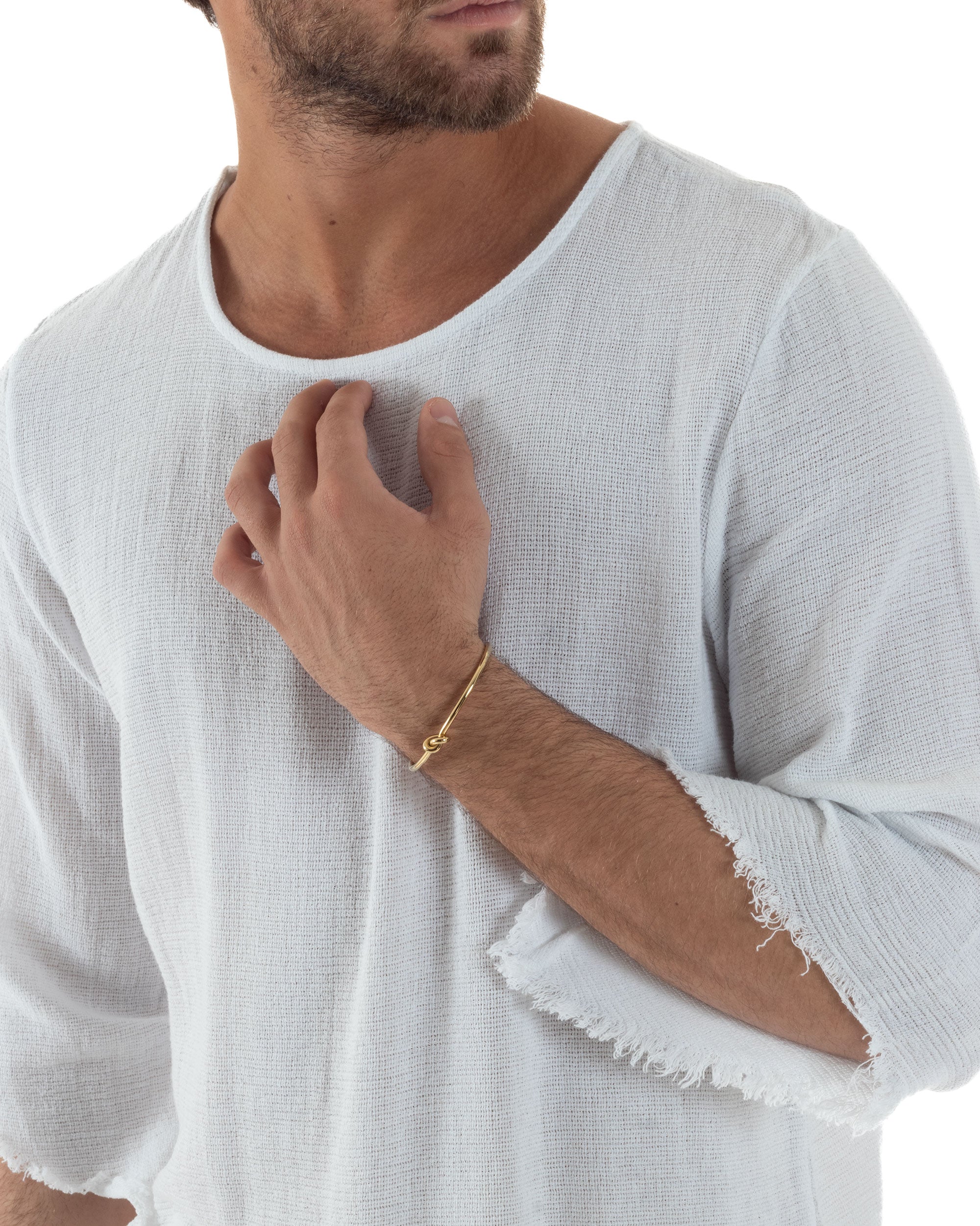 Camicia Uomo In Lino Cotone Casacca Scollata Sfrangiata Morbida Leggera Maniche Tre Quarti Tinta Unita Basic Bianco GIOSAL-C2956A