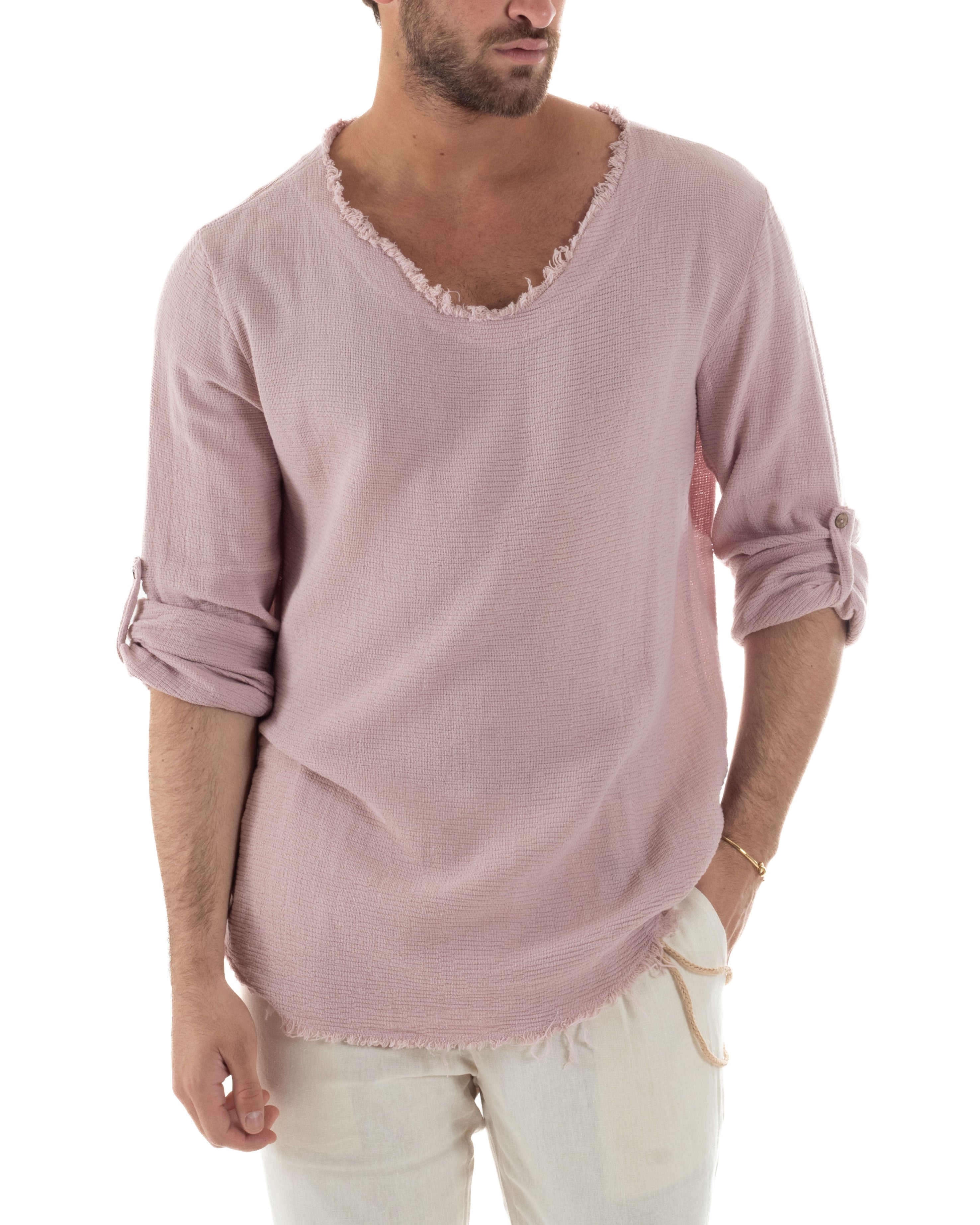 Camicia Uomo Maniche Lunghe Casacca Cotone Lino Scollo V Sfrangiata Regular Fit Rosa GIOSAL-C2958A