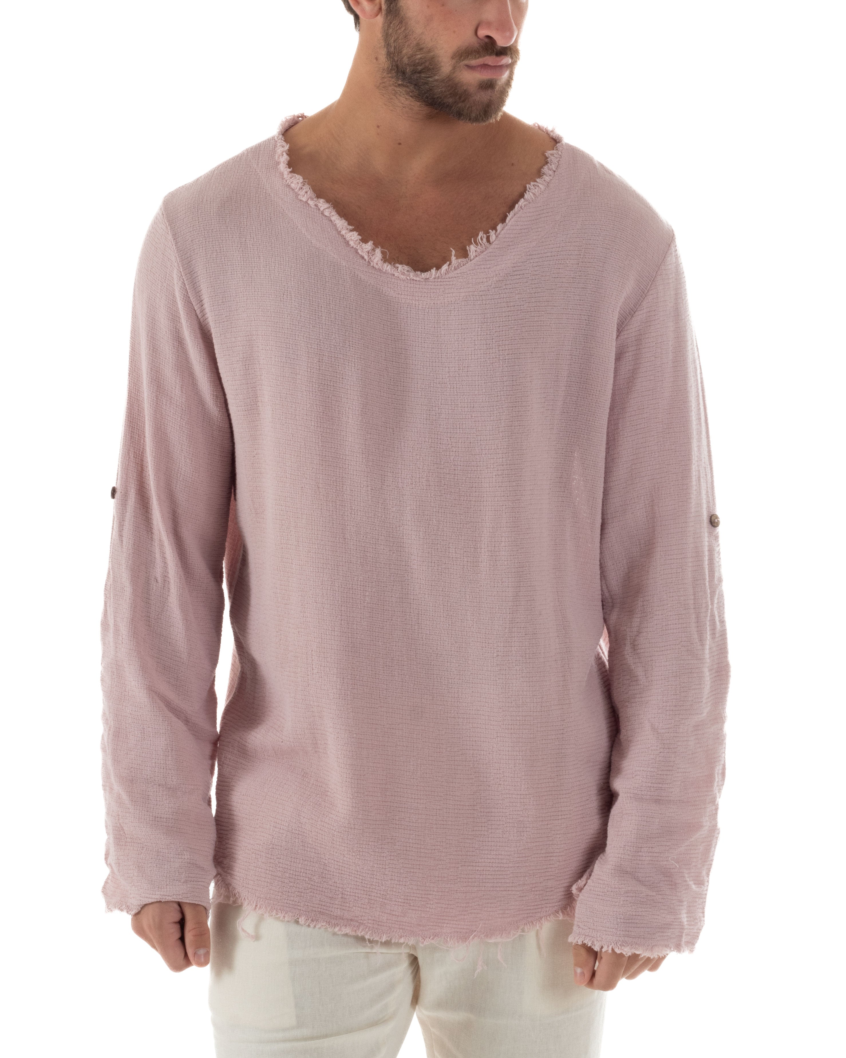 Camicia Uomo Maniche Lunghe Casacca Cotone Lino Scollo V Sfrangiata Regular Fit Rosa GIOSAL-C2958A
