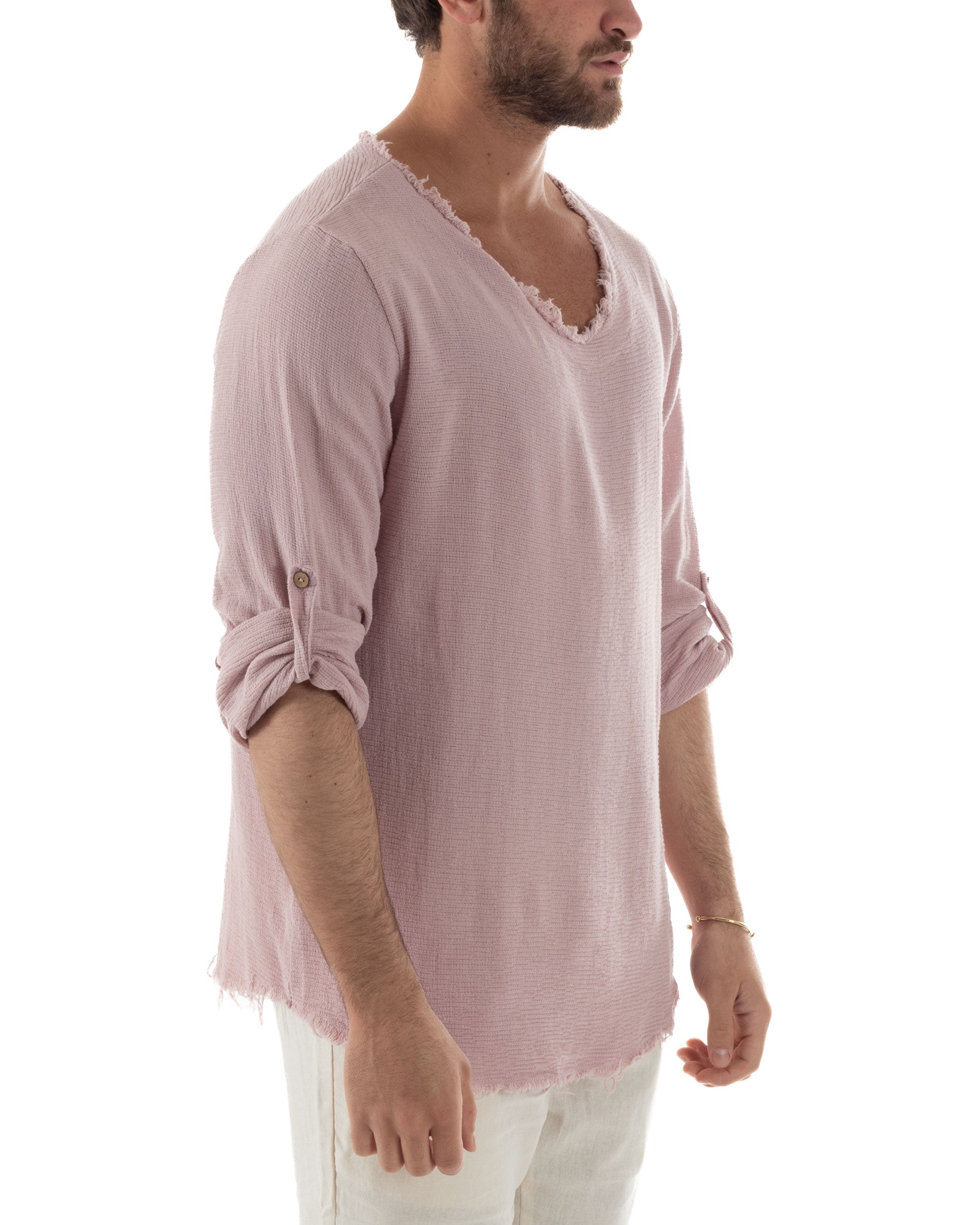 Camicia Uomo Maniche Lunghe Casacca Cotone Lino Scollo V Sfrangiata Regular Fit Rosa GIOSAL-C2958A