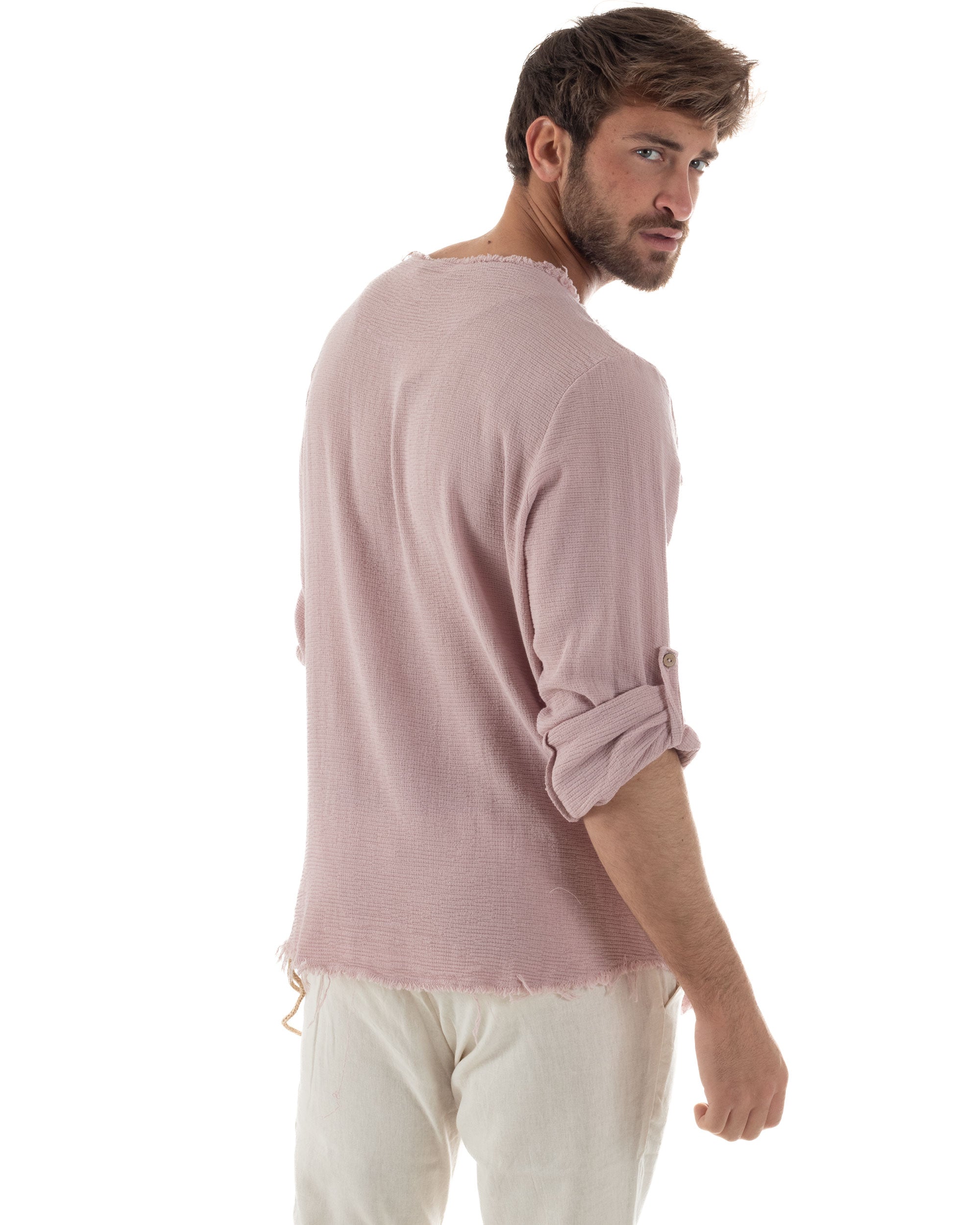 Camicia Uomo Maniche Lunghe Casacca Cotone Lino Scollo V Sfrangiata Regular Fit Rosa GIOSAL-C2958A