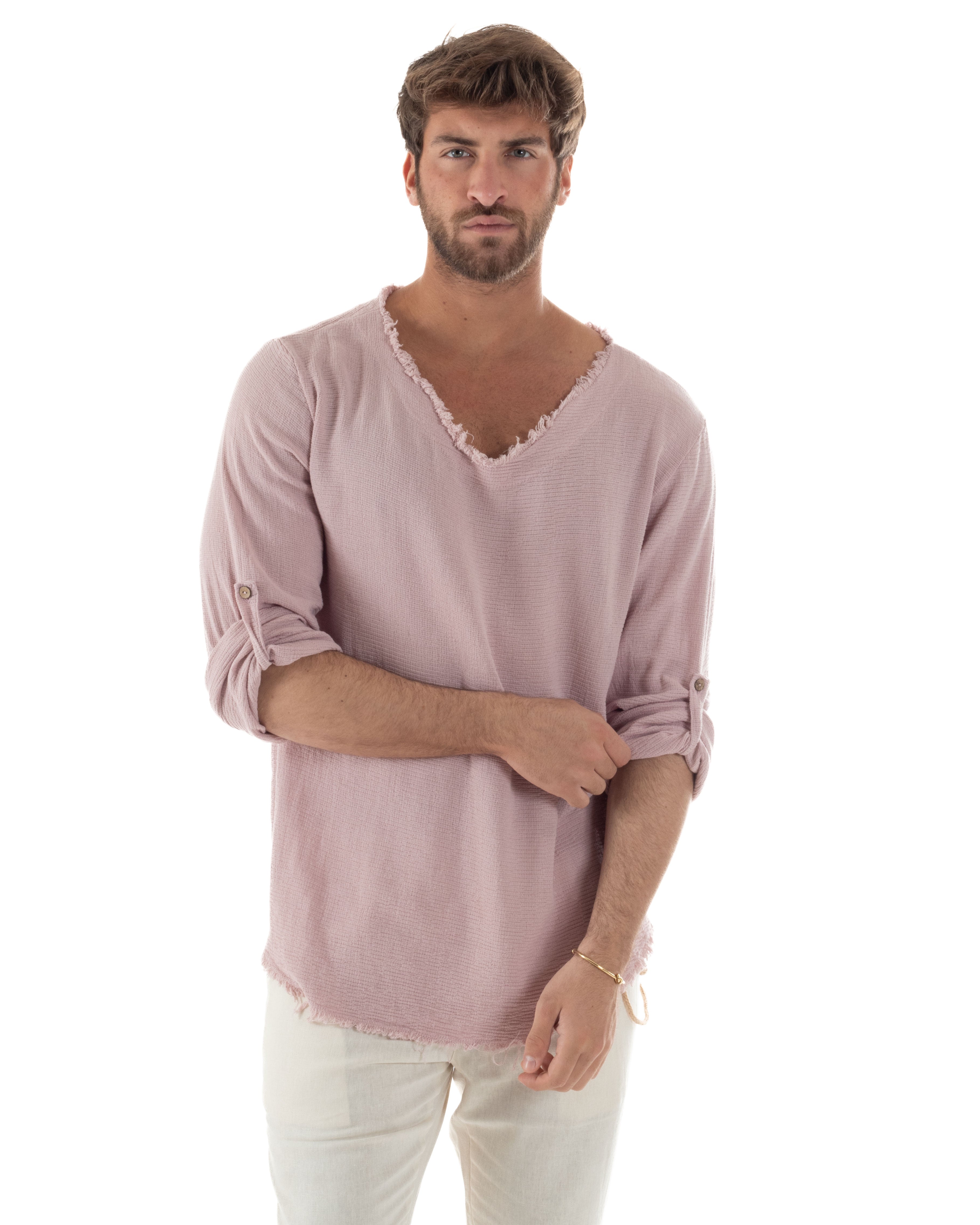 Camicia Uomo Maniche Lunghe Casacca Cotone Lino Scollo V Sfrangiata Regular Fit Rosa GIOSAL-C2958A