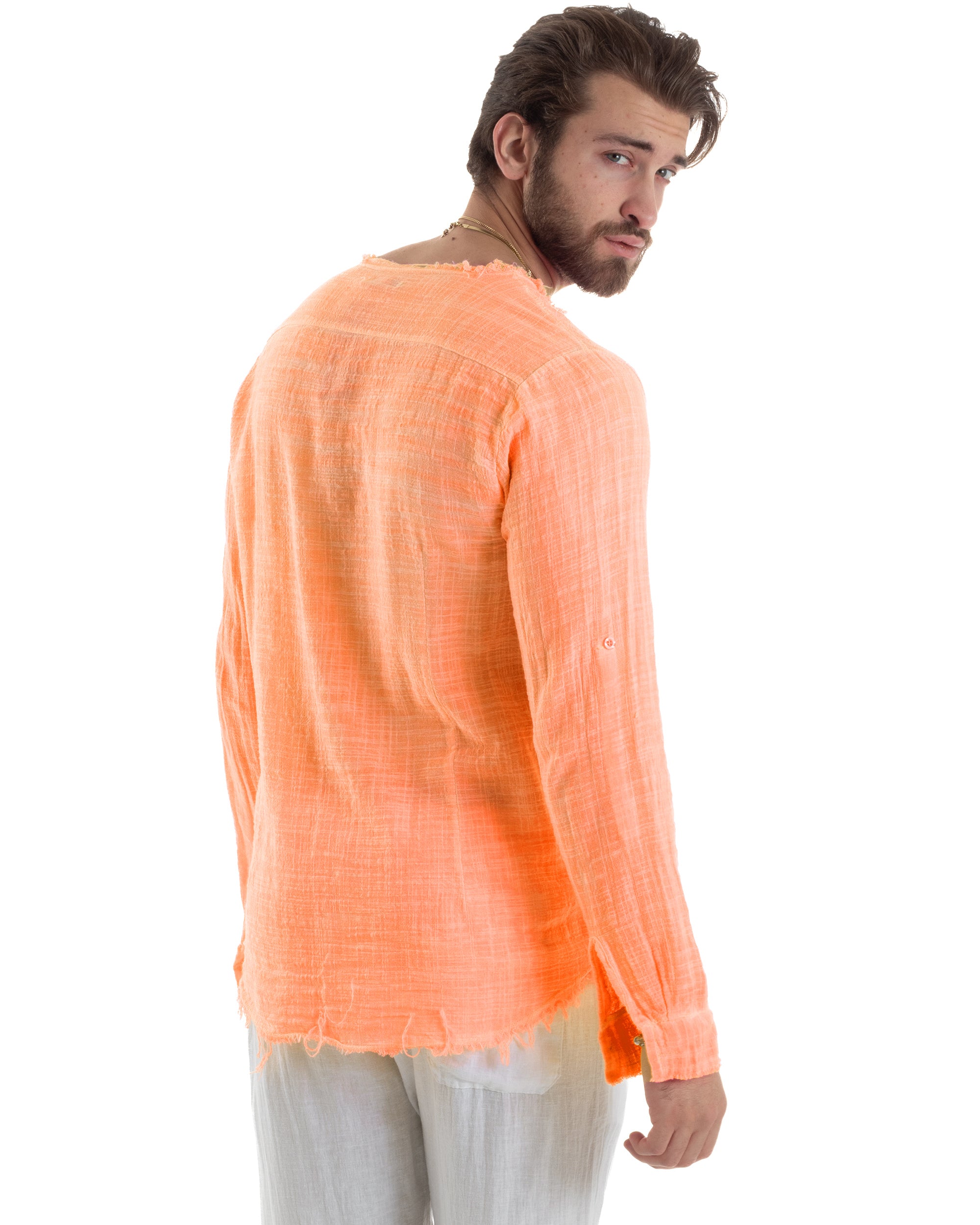 Camicia Uomo Sfrangiata Cotone Lino Morbida Leggera Slavata Tinta Unita Arancione Fluo GIOSAL-C2959A