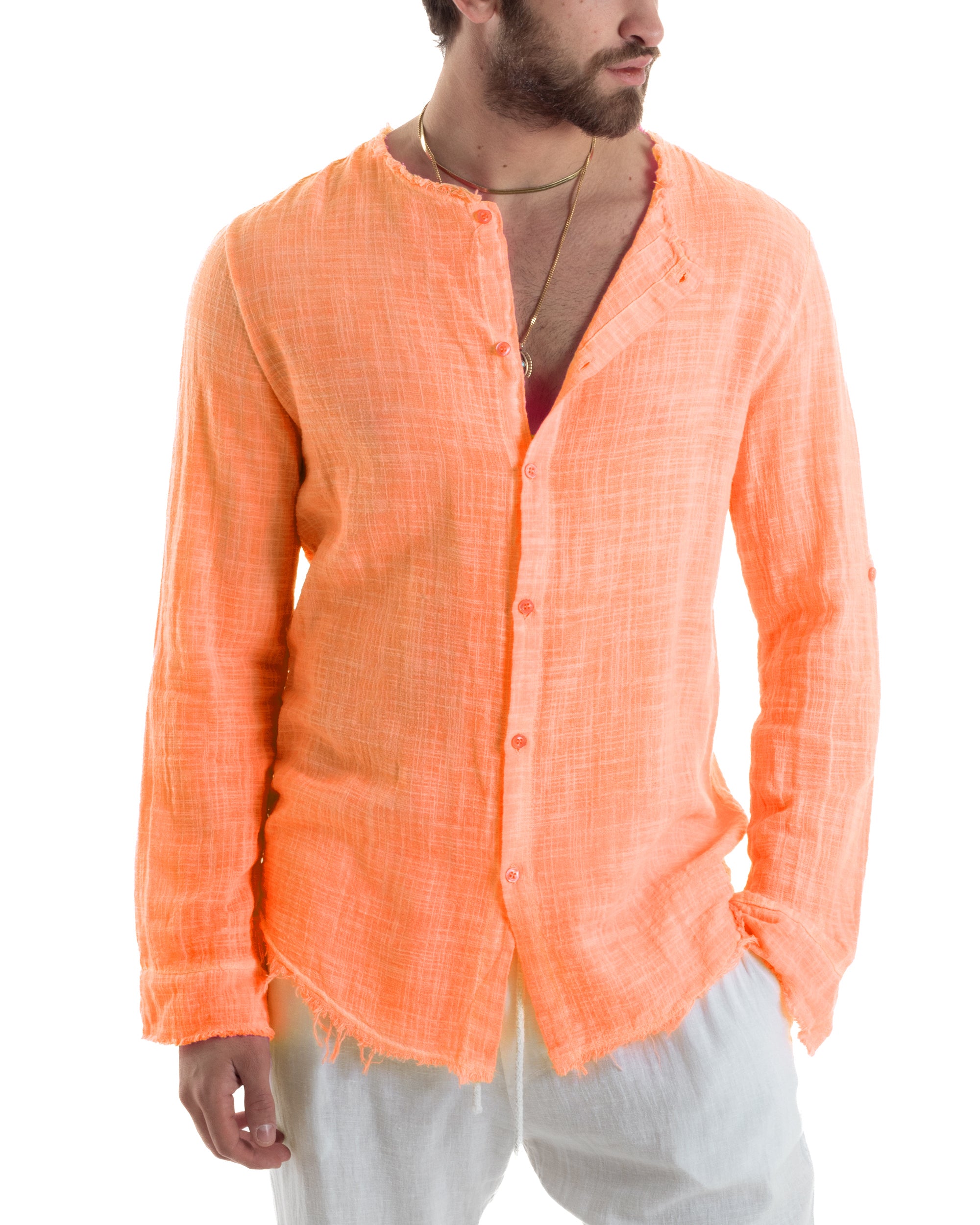 Camicia Uomo Sfrangiata Cotone Lino Morbida Leggera Slavata Tinta Unita Arancione Fluo GIOSAL-C2959A