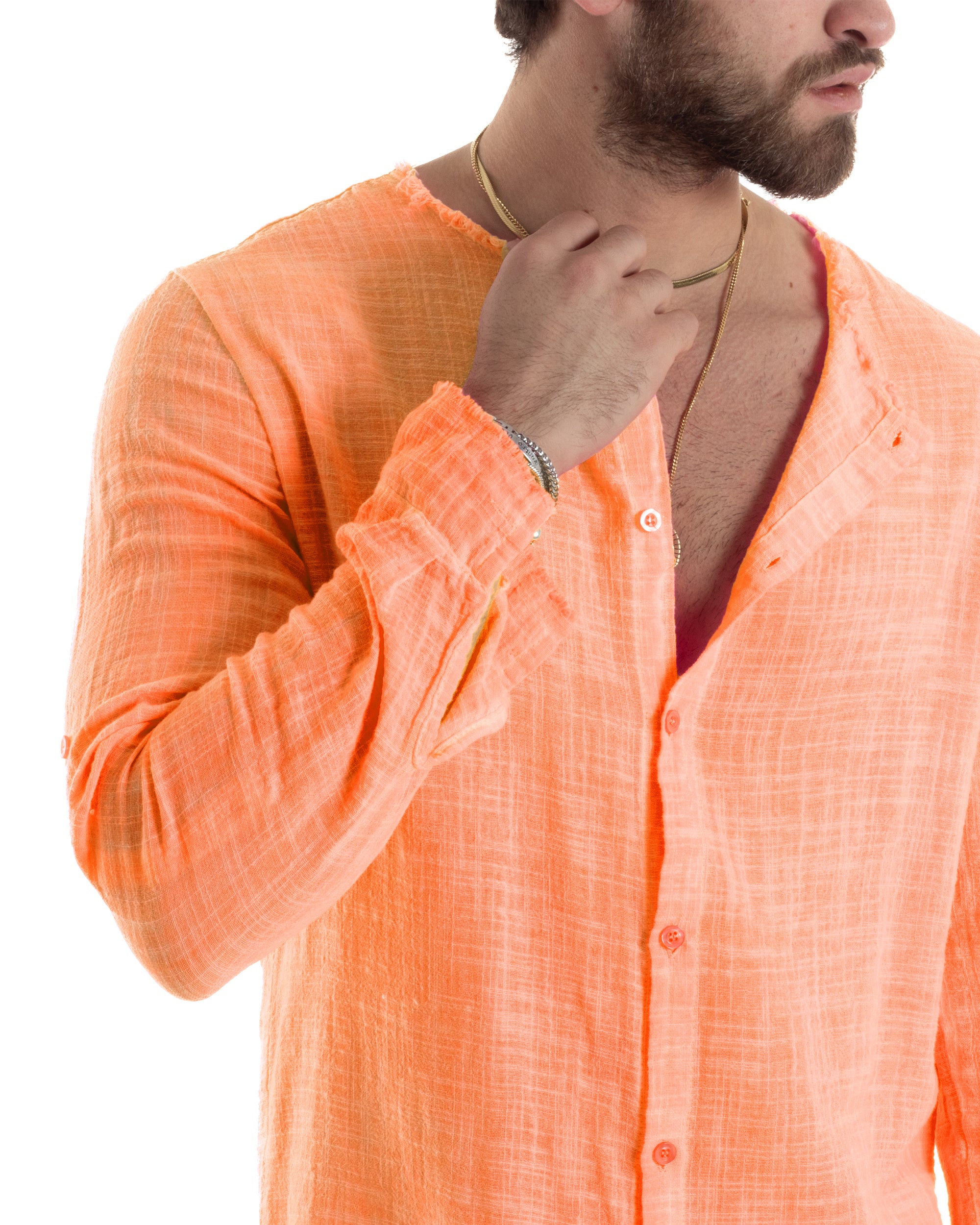 Camicia Uomo Sfrangiata Cotone Lino Morbida Leggera Slavata Tinta Unita Arancione Fluo GIOSAL-C2959A