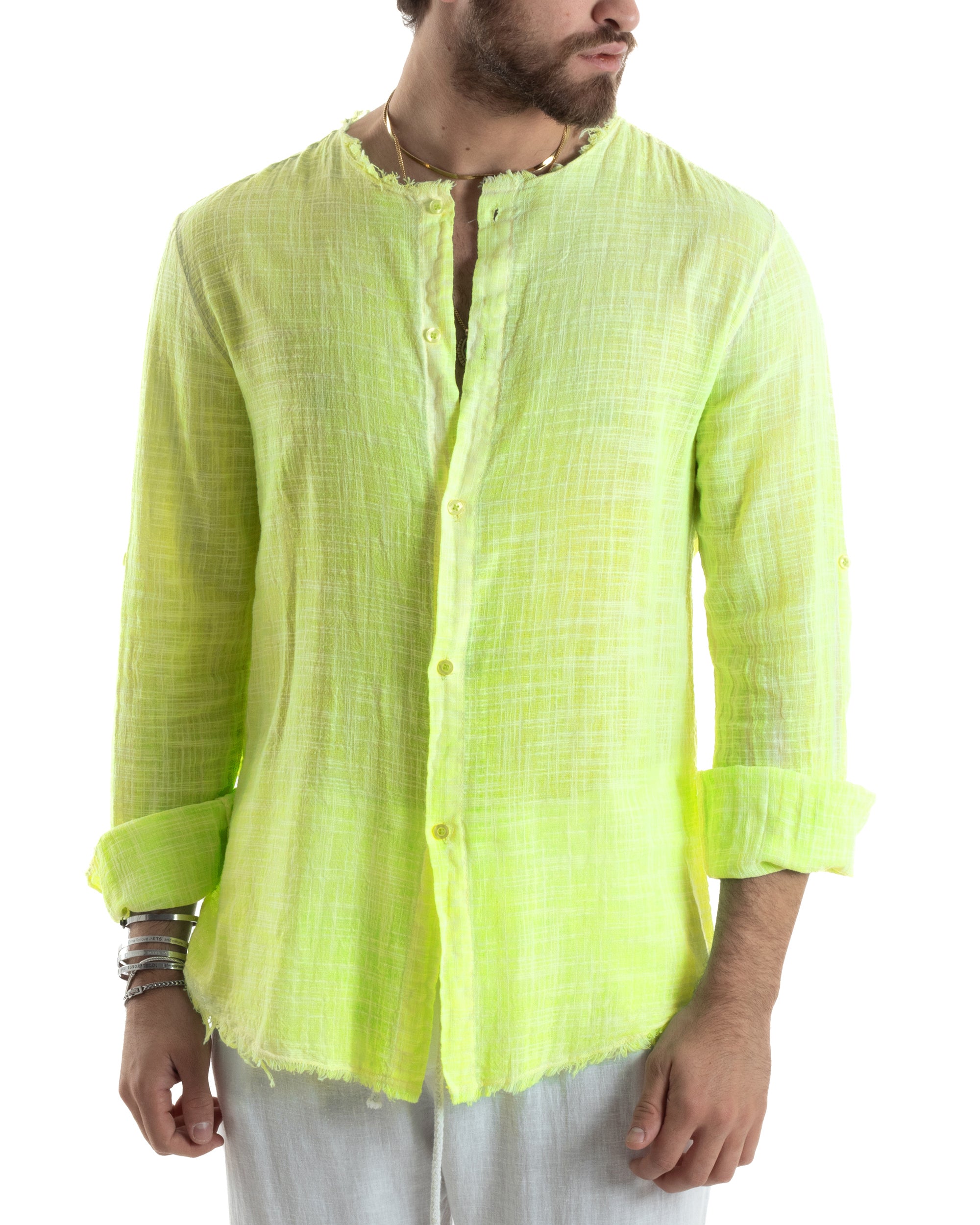 Camicia Uomo Sfrangiata Cotone Lino Morbida Leggera Slavata Tinta Unita Giallo Fluo GIOSAL-C2960A