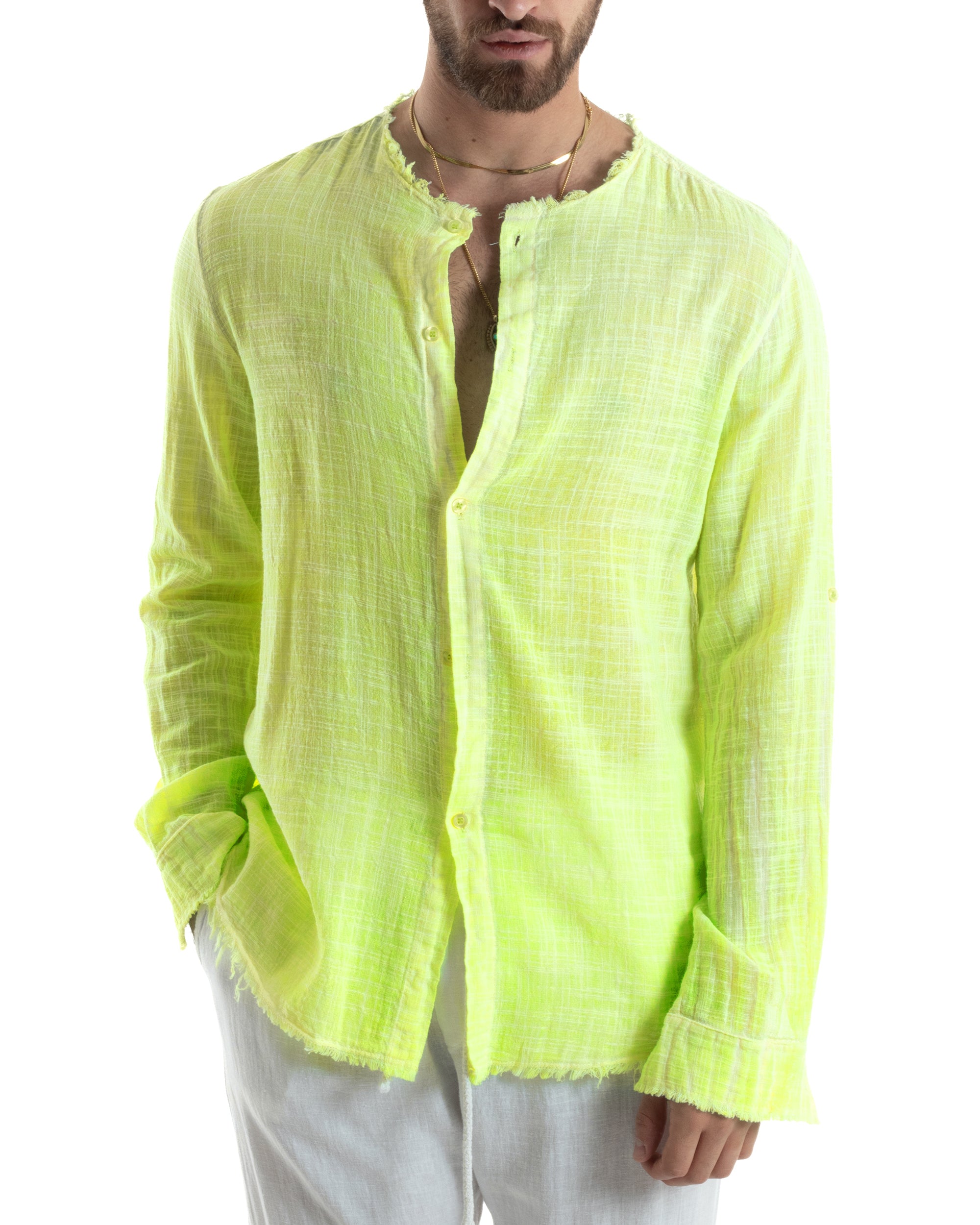 Camicia Uomo Sfrangiata Cotone Lino Morbida Leggera Slavata Tinta Unita Giallo Fluo GIOSAL-C2960A