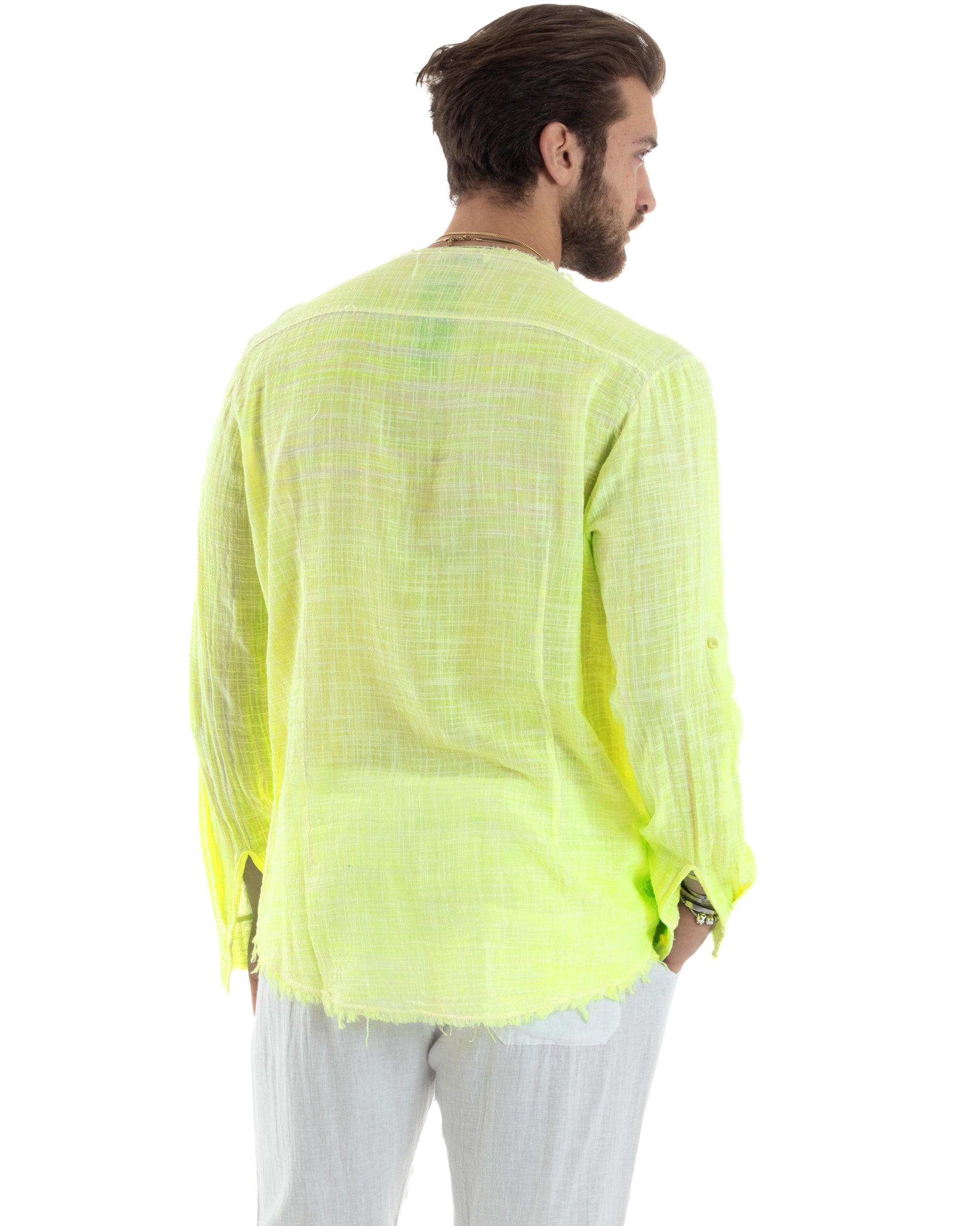 Camicia Uomo Sfrangiata Cotone Lino Morbida Leggera Slavata Tinta Unita Giallo Fluo GIOSAL-C2960A