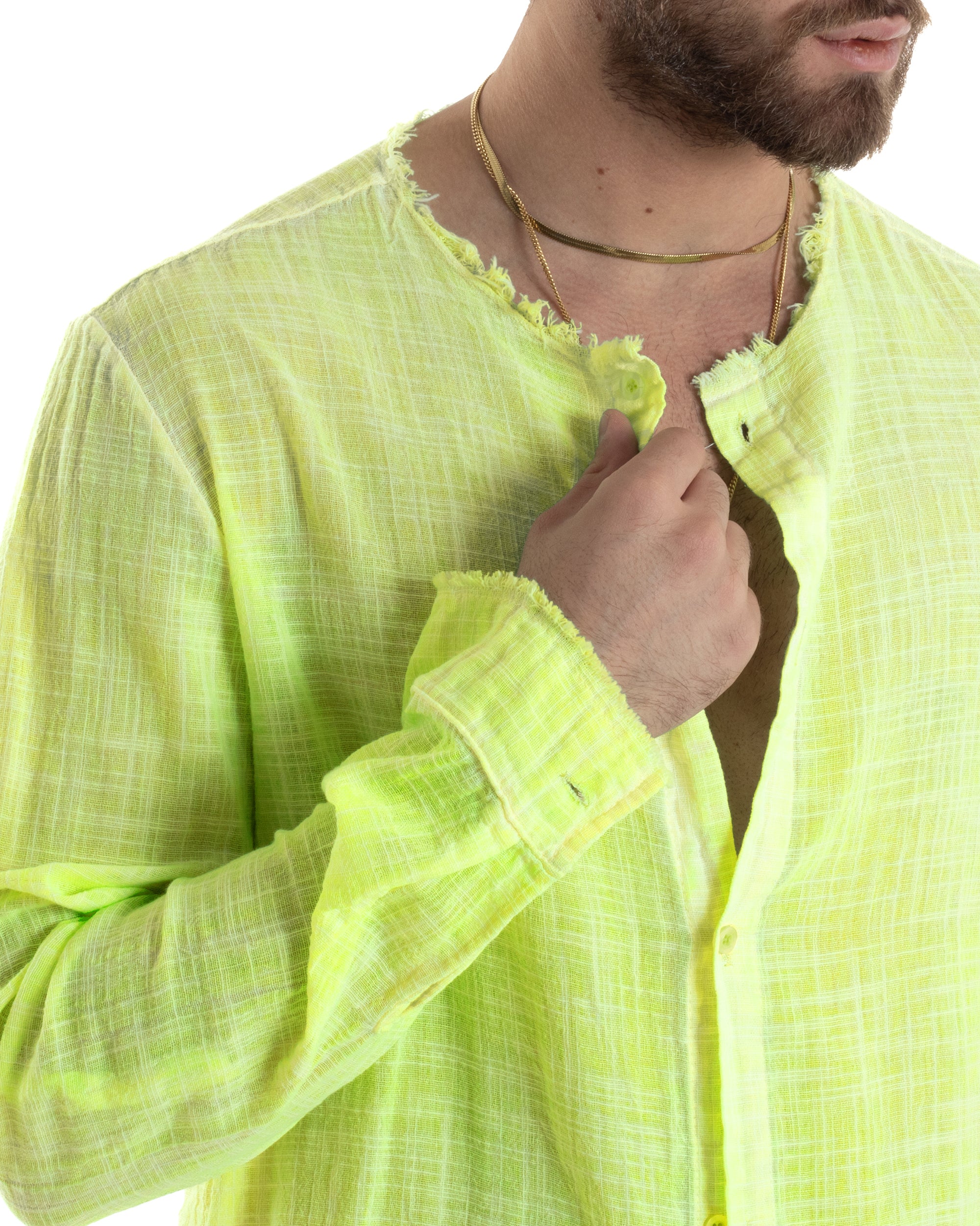 Camicia Uomo Sfrangiata Cotone Lino Morbida Leggera Slavata Tinta Unita Giallo Fluo GIOSAL-C2960A