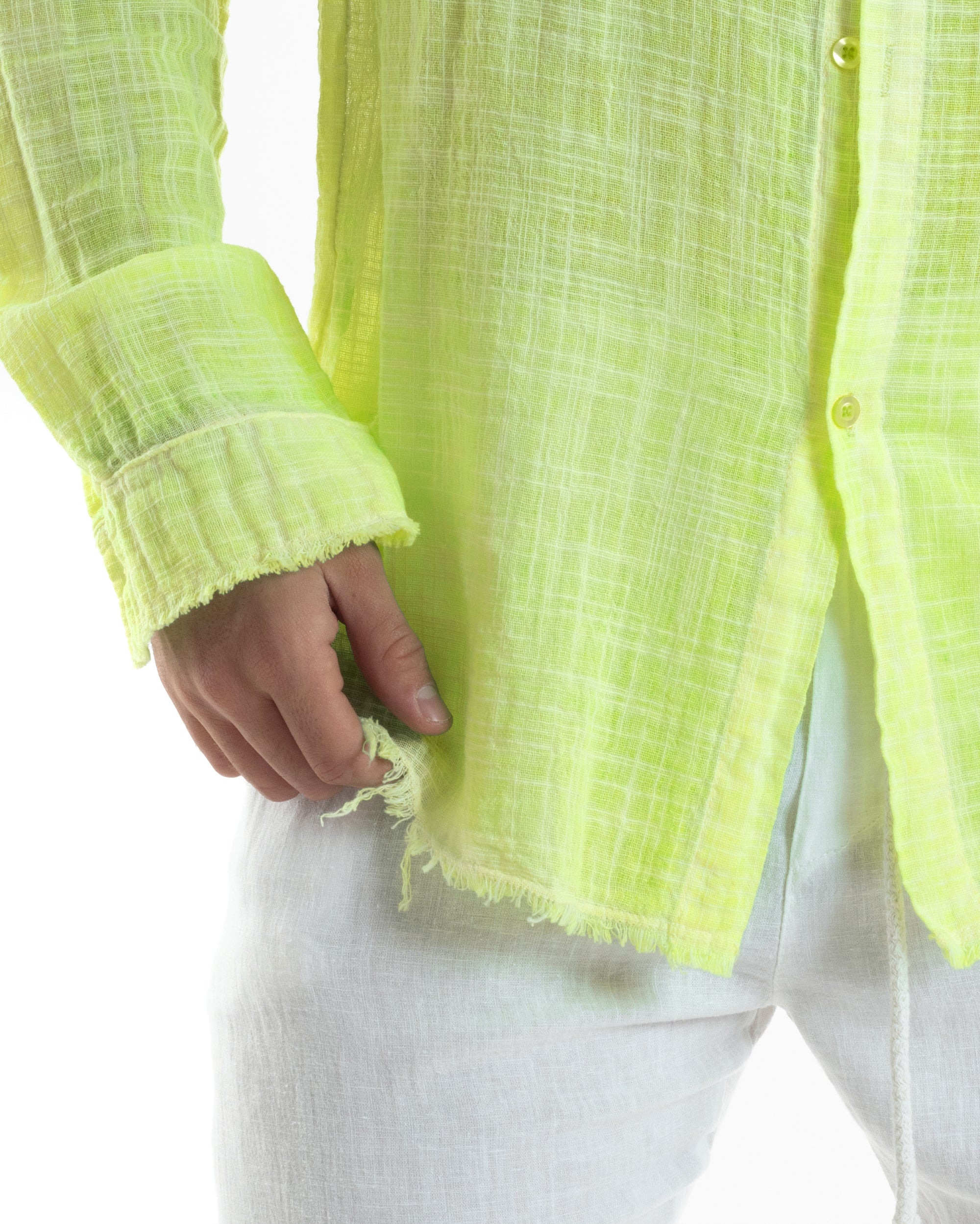 Camicia Uomo Sfrangiata Cotone Lino Morbida Leggera Slavata Tinta Unita Giallo Fluo GIOSAL-C2960A
