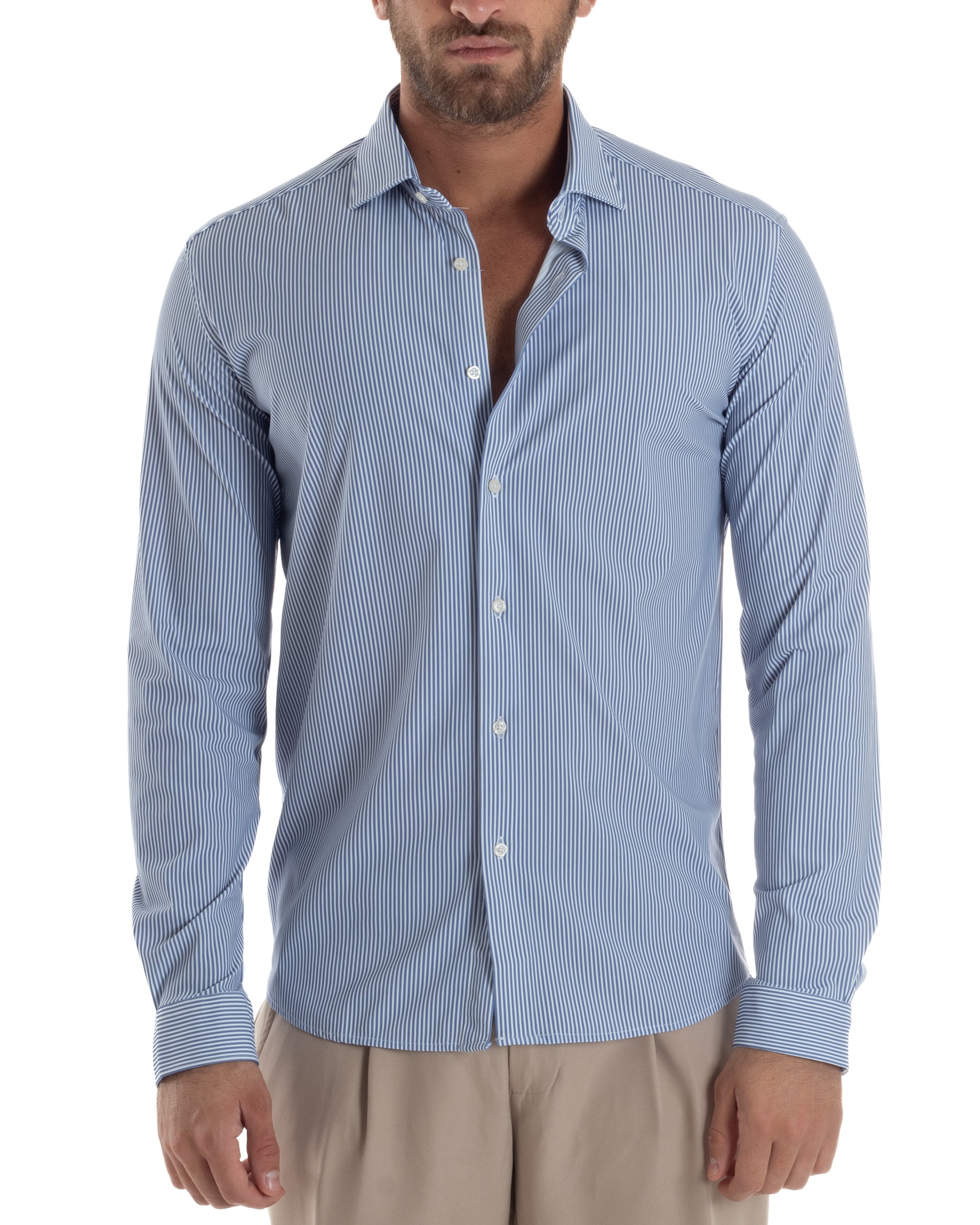 Camicia Uomo Tessuto No Stiro Rigata Basic Colletto Semi-Francese Slim Fit Casual Righe Bastoncino Medio Bicolore Bianco Blu GIOSAL-C2961A