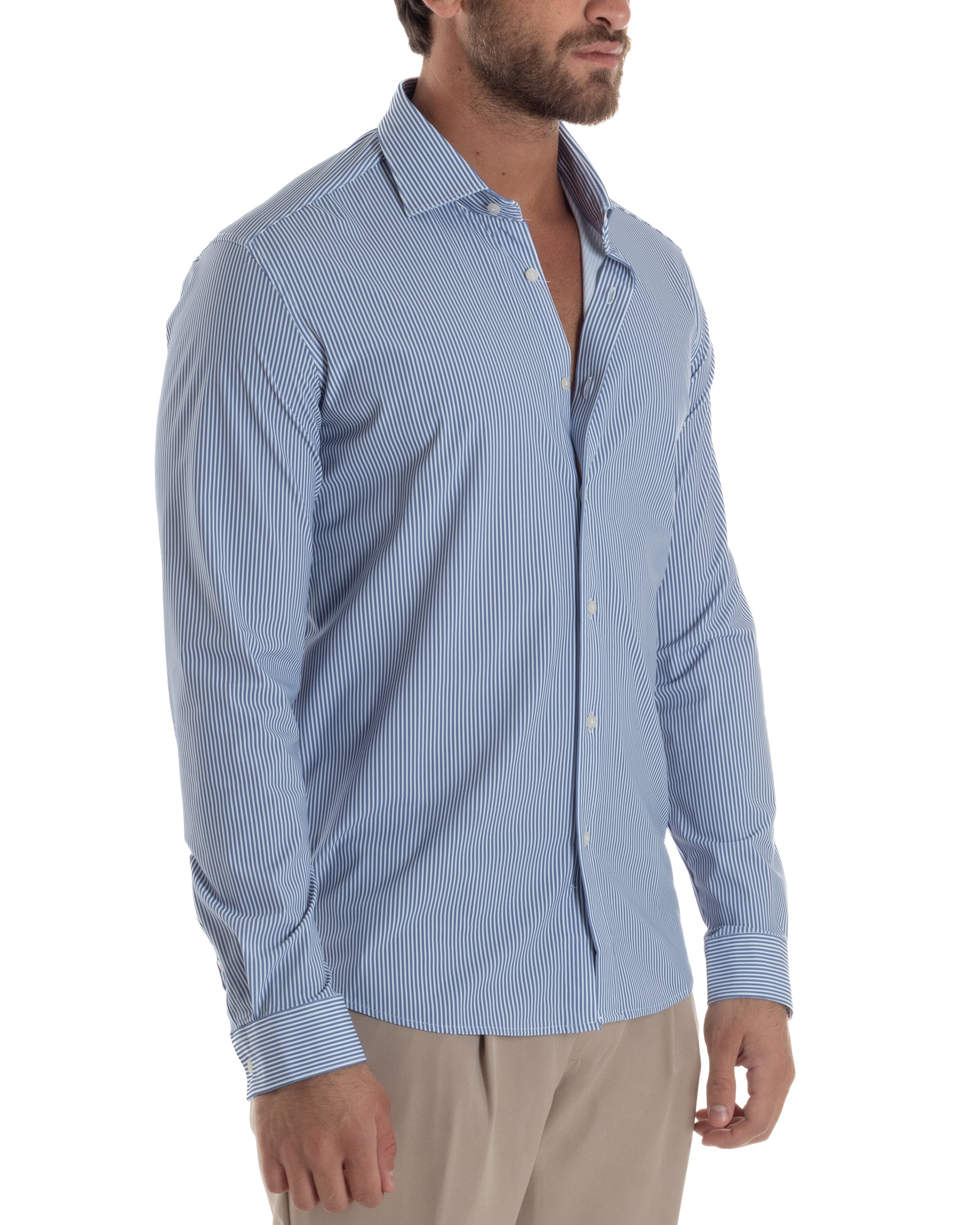 Camicia Uomo Tessuto No Stiro Rigata Basic Colletto Semi-Francese Slim Fit Casual Righe Bastoncino Medio Bicolore Bianco Blu GIOSAL-C2961A