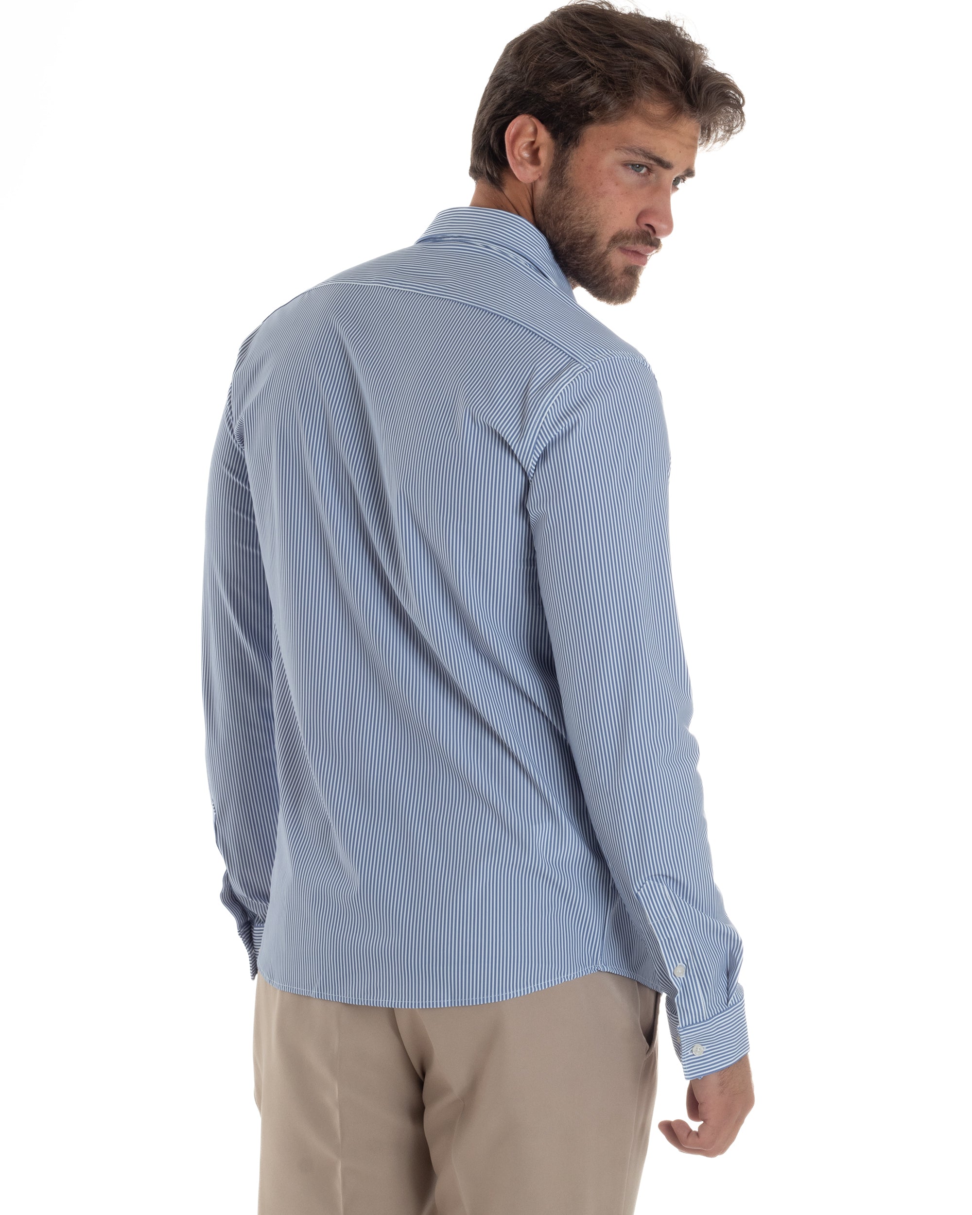 Camicia Uomo Tessuto No Stiro Rigata Basic Colletto Semi-Francese Slim Fit Casual Righe Bastoncino Medio Bicolore Bianco Blu GIOSAL-C2961A