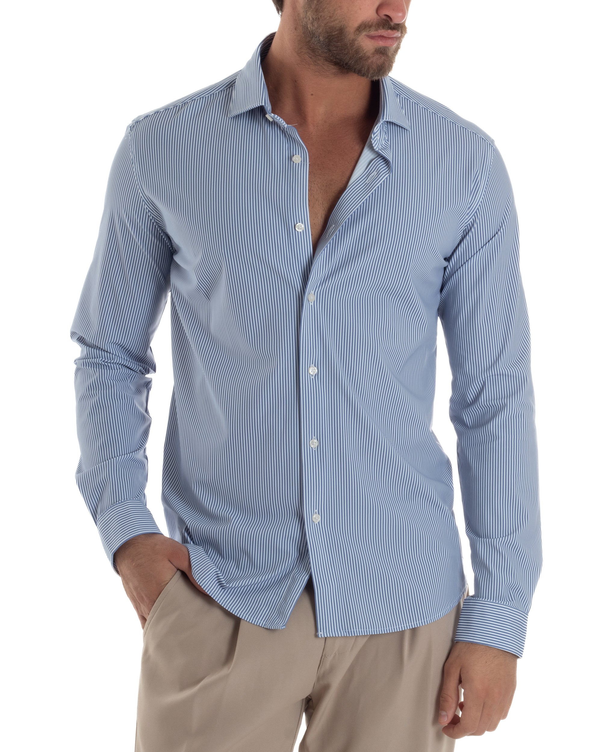 Camicia Uomo Tessuto No Stiro Rigata Basic Colletto Semi-Francese Slim Fit Casual Righe Bastoncino Medio Bicolore Bianco Blu GIOSAL-C2961A