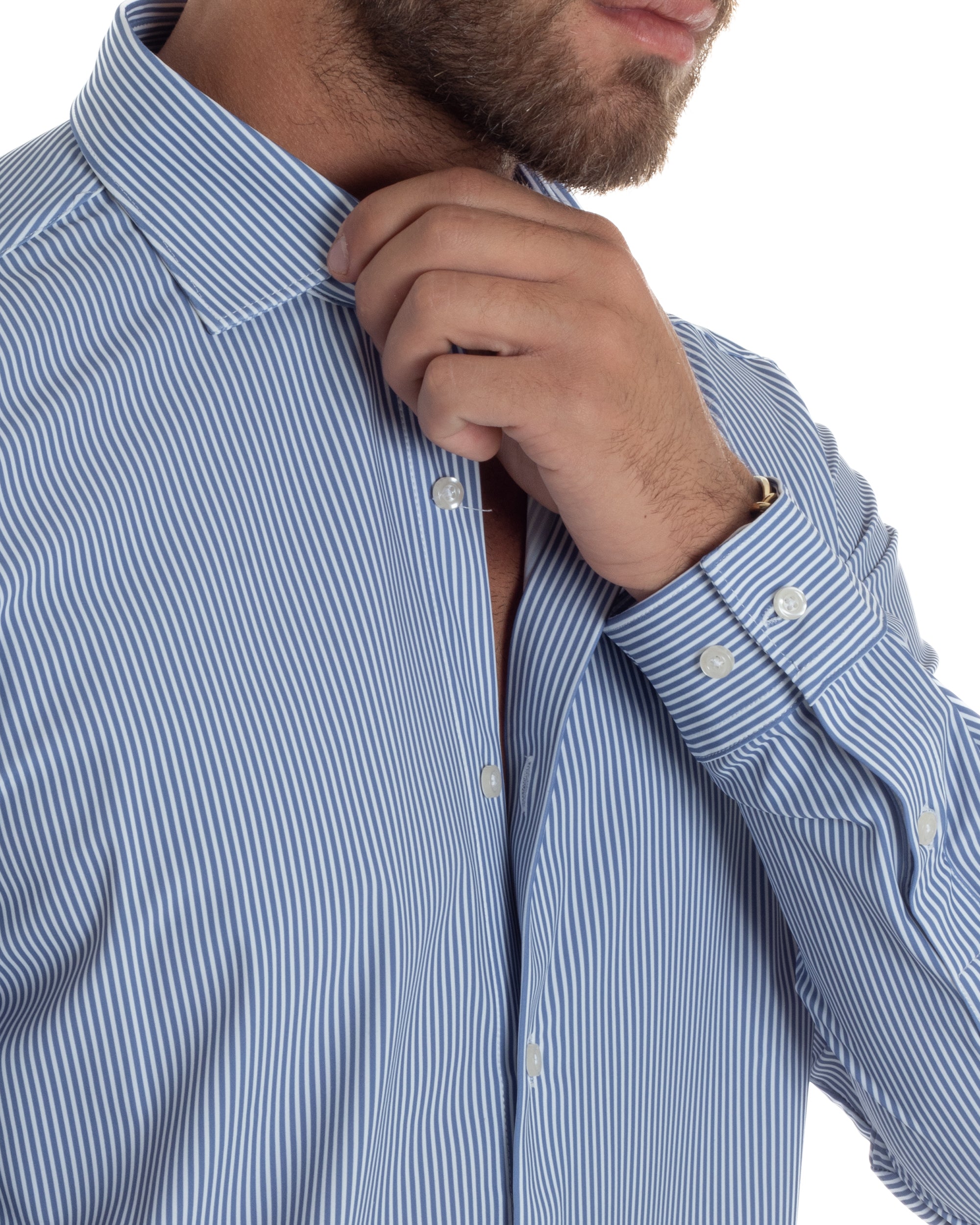 Camicia Uomo Tessuto No Stiro Rigata Basic Colletto Semi-Francese Slim Fit Casual Righe Bastoncino Medio Bicolore Bianco Blu GIOSAL-C2961A