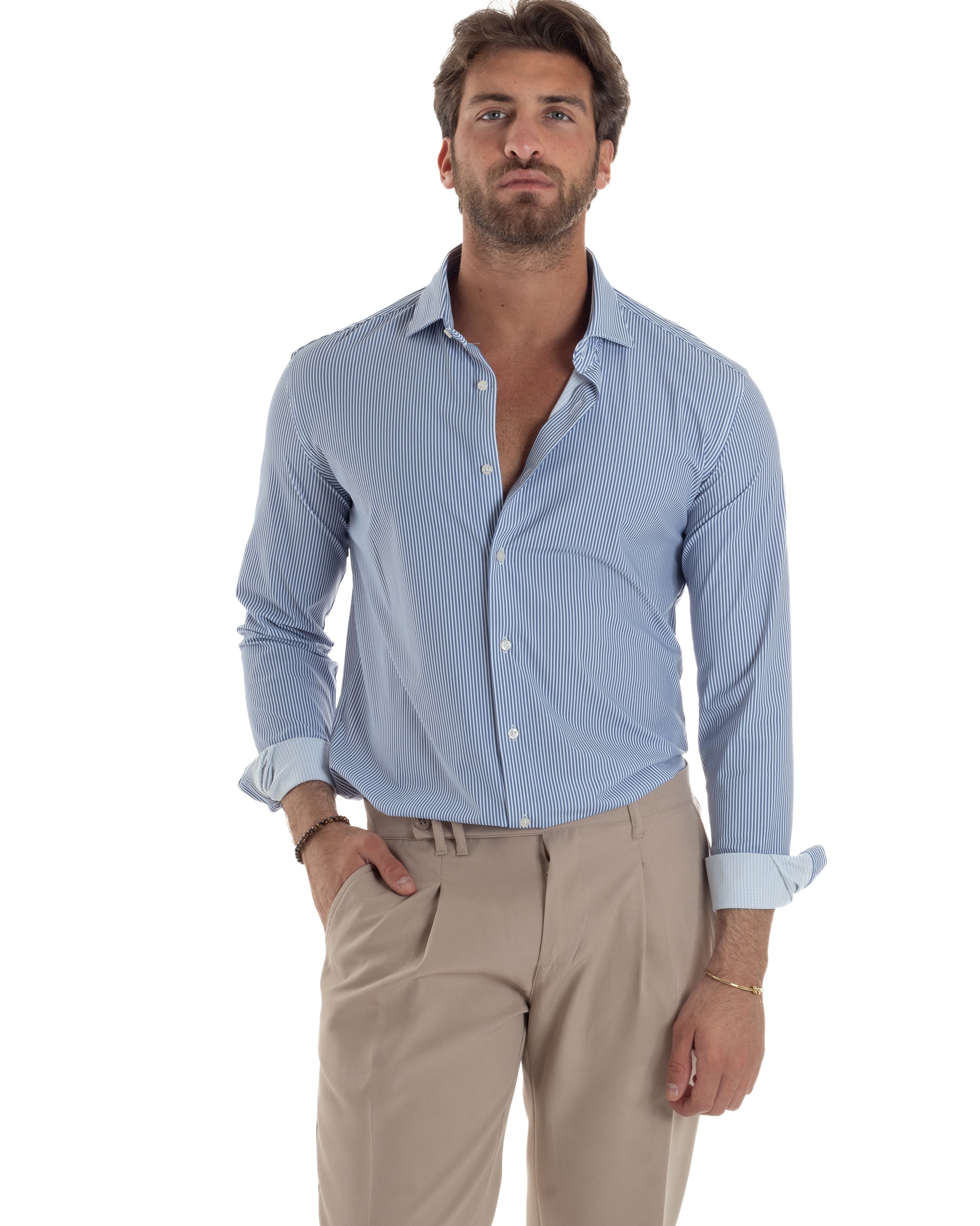 Camicia Uomo Tessuto No Stiro Rigata Basic Colletto Semi-Francese Slim Fit Casual Righe Bastoncino Medio Bicolore Bianco Blu GIOSAL-C2961A