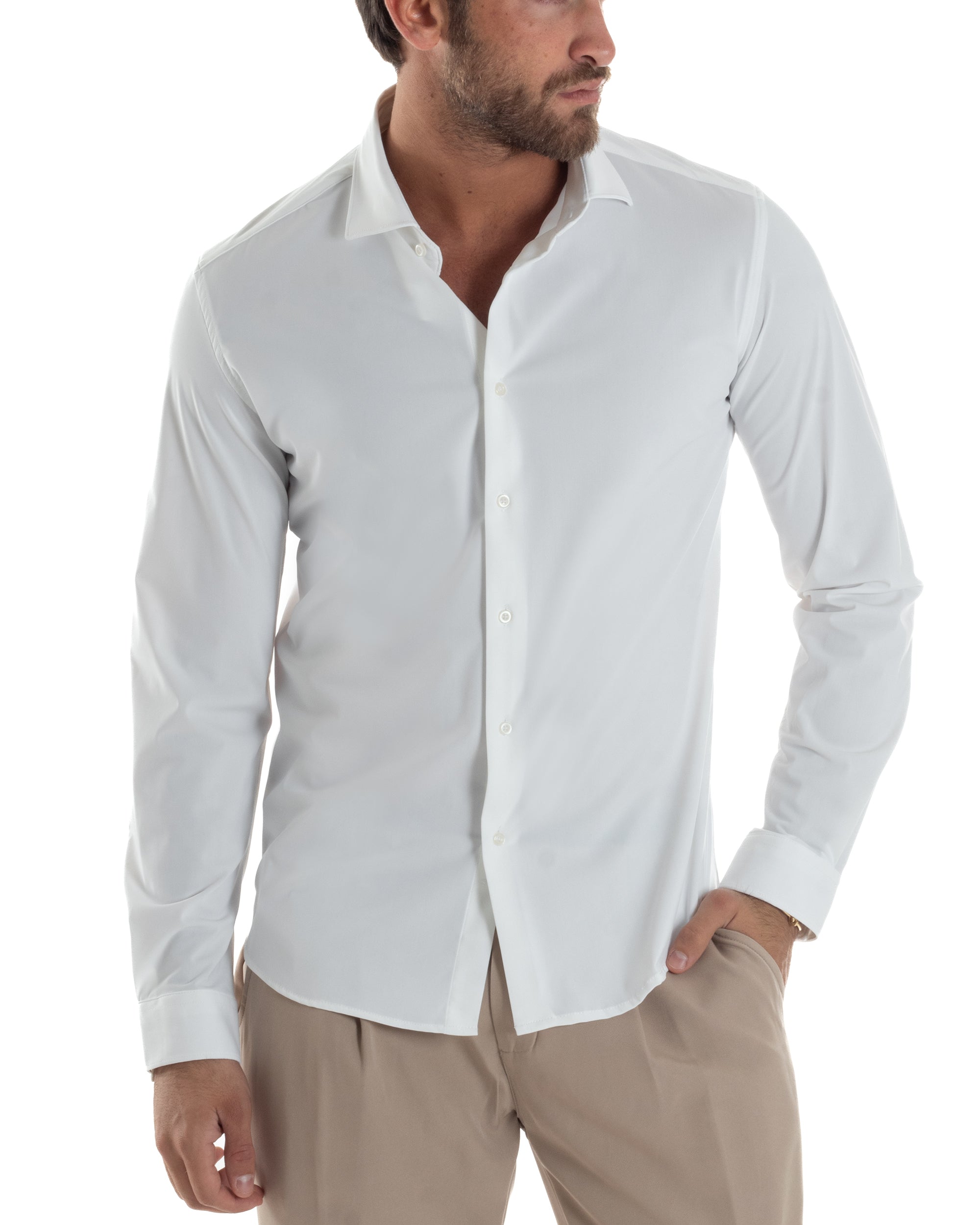 Camicia Uomo Tessuto No Stiro Basic Colletto Semi-Francese Slim Fit Casual Morbida Leggera Tinta Unita Bianco GIOSAL-C2962A