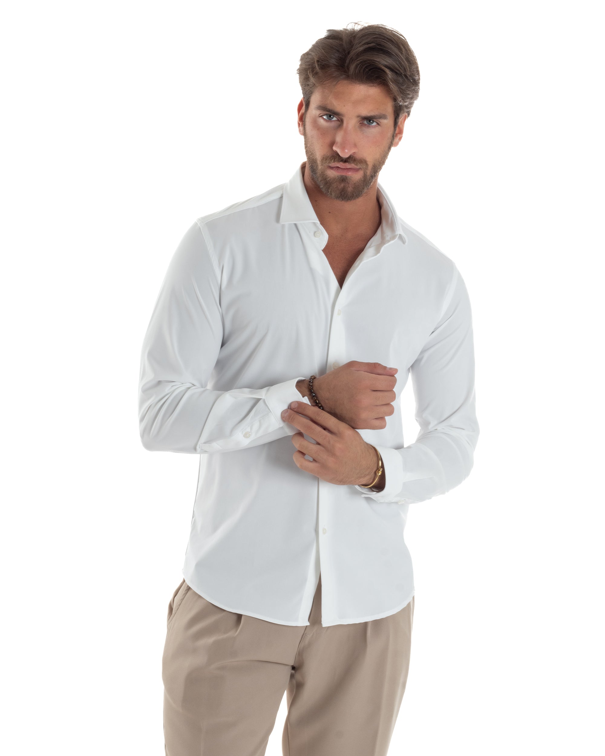 Camicia Uomo Tessuto No Stiro Basic Colletto Semi-Francese Slim Fit Casual Morbida Leggera Tinta Unita Bianco GIOSAL-C2962A