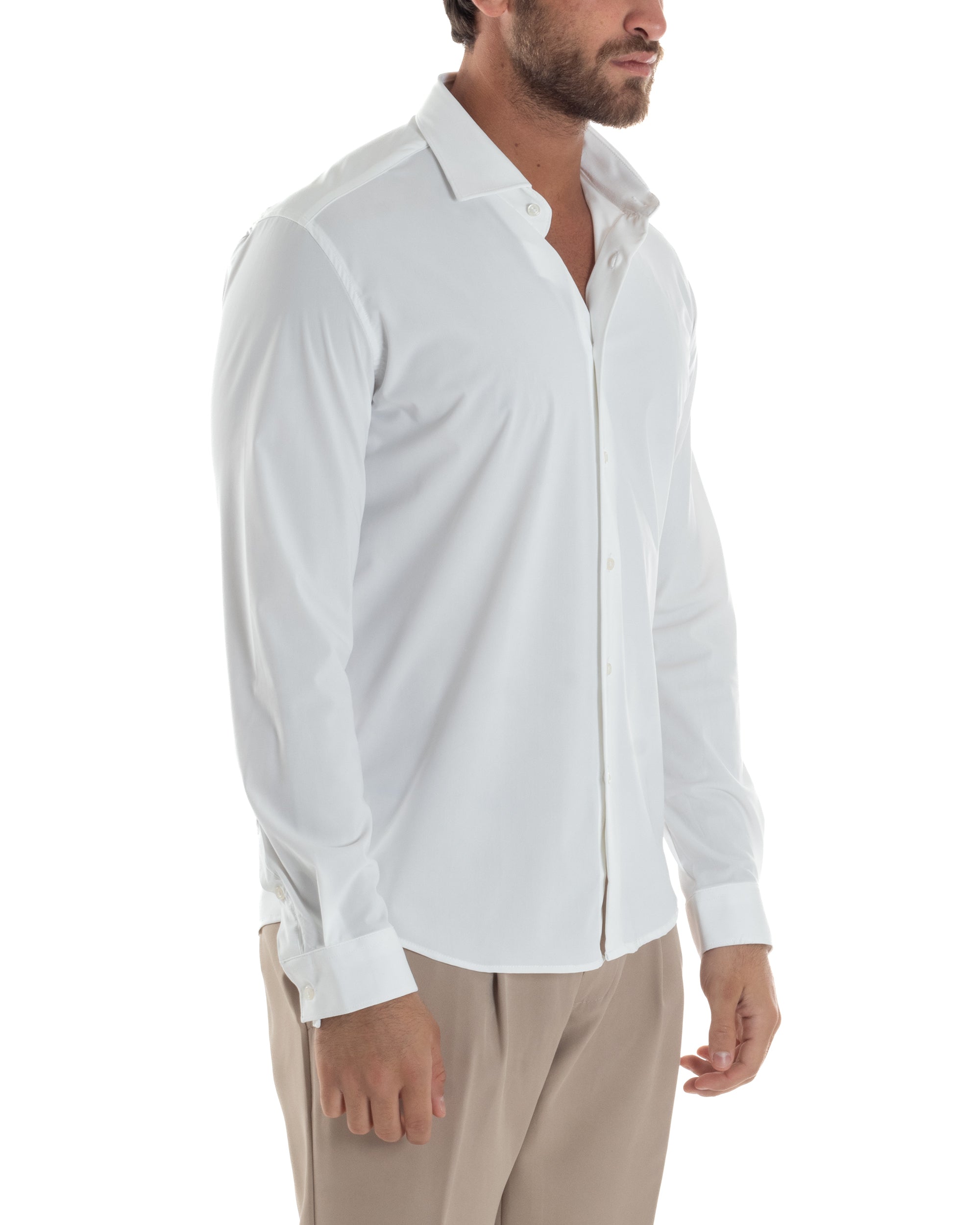 Camicia uomo bianca no stiro vista laterale slim fit casual elegante