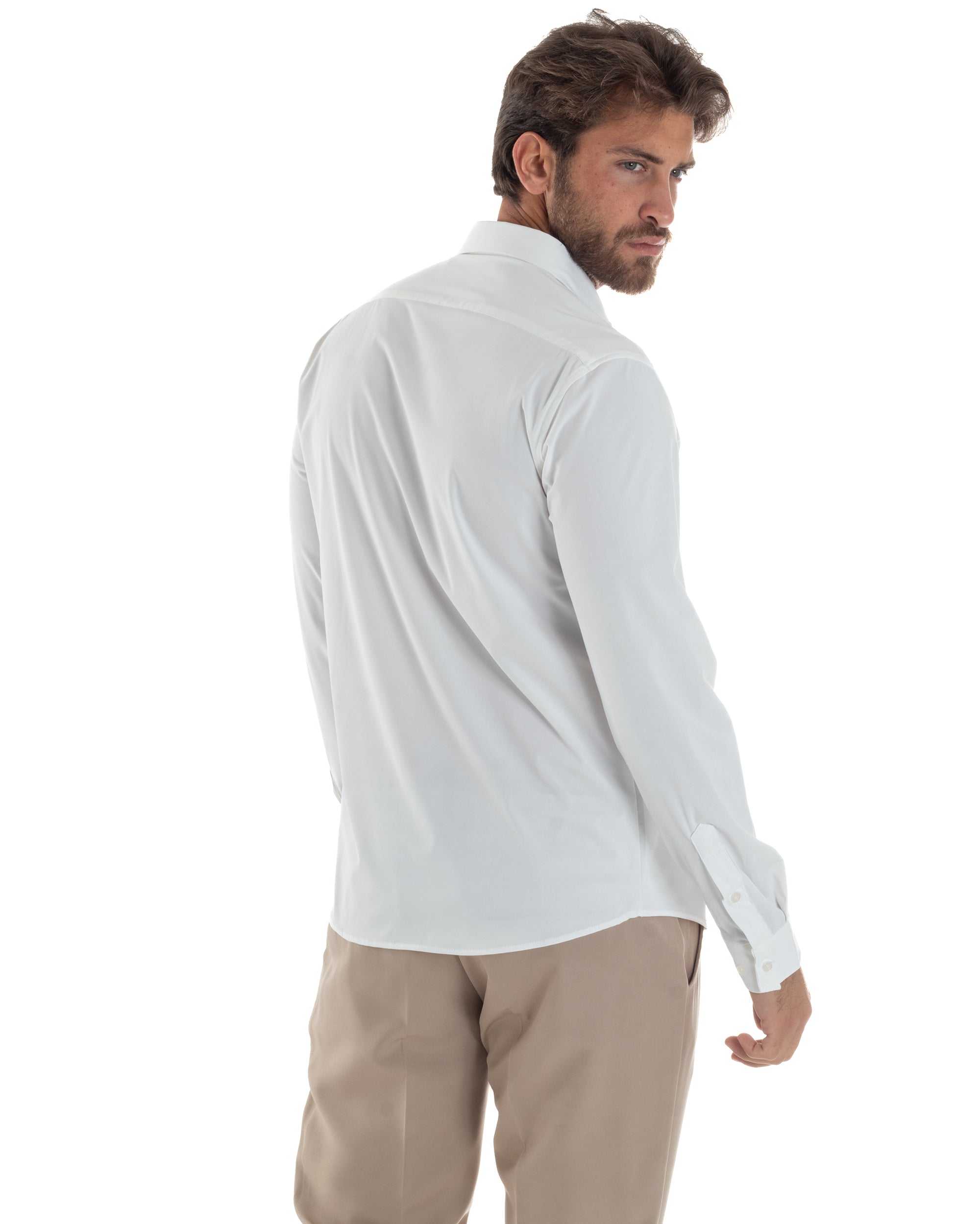 Camicia Uomo Tessuto No Stiro Basic Colletto Semi-Francese Slim Fit Casual Morbida Leggera Tinta Unita Bianco GIOSAL-C2962A