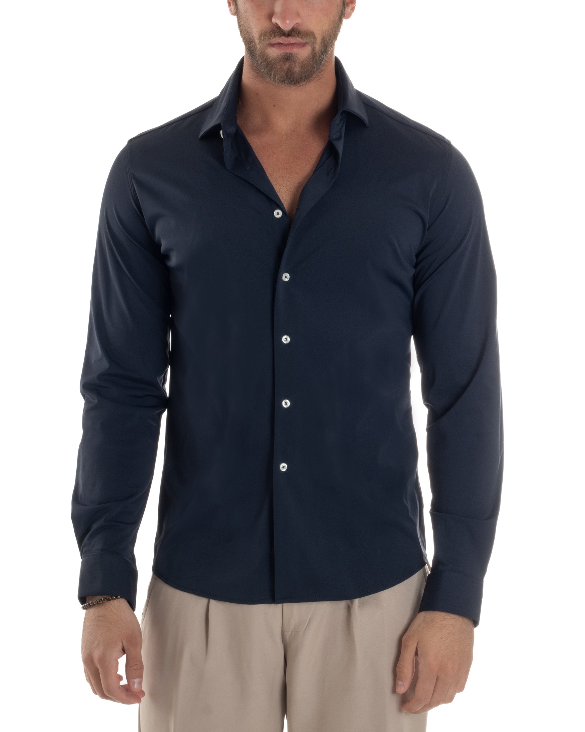 Camicia Uomo Tessuto No Stiro Basic Colletto Semi-Francese Slim Fit Morbida Blu C2963A