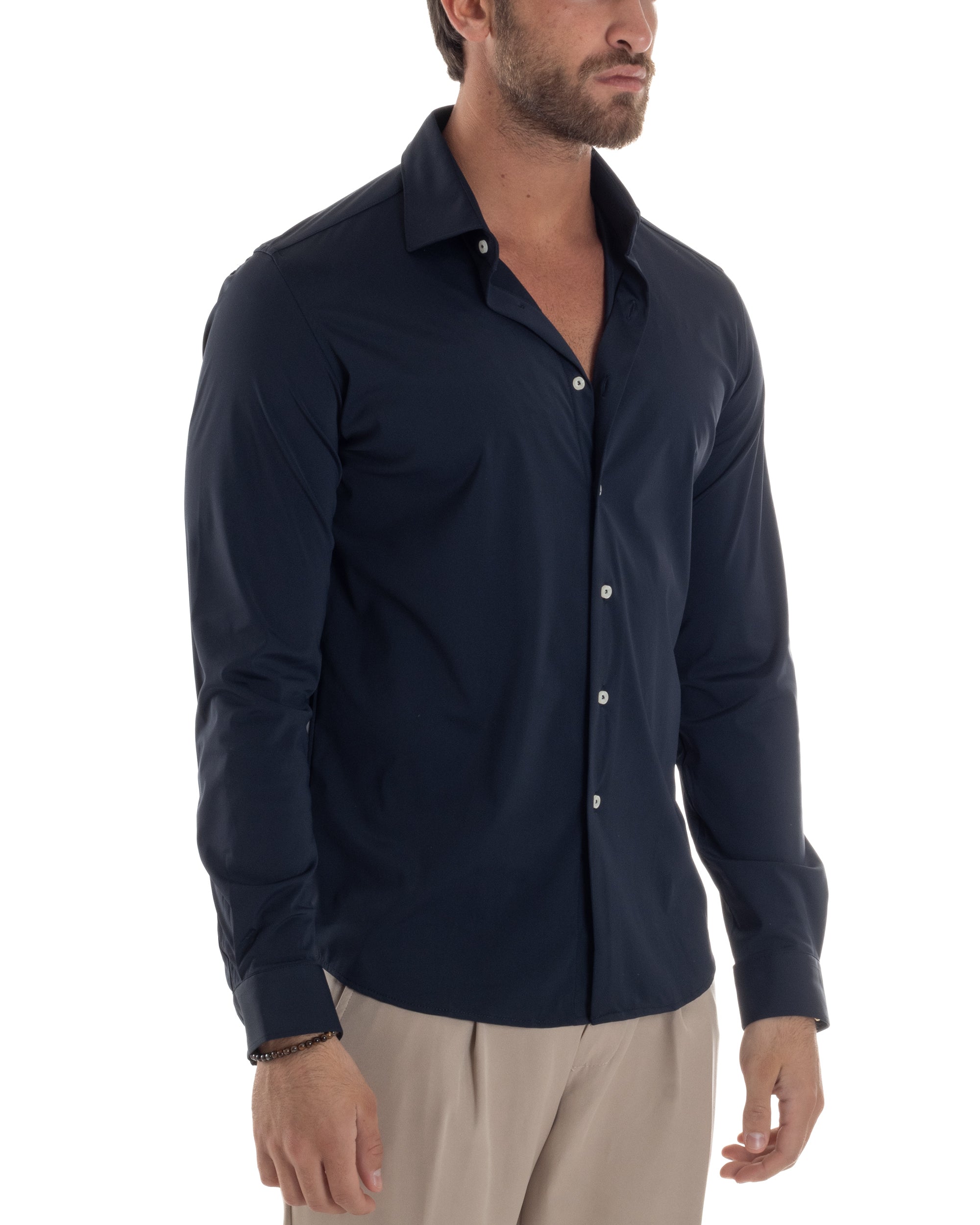 Camicia Uomo Tessuto No Stiro Basic Colletto Semi-Francese Slim Fit Morbida Blu C2963A