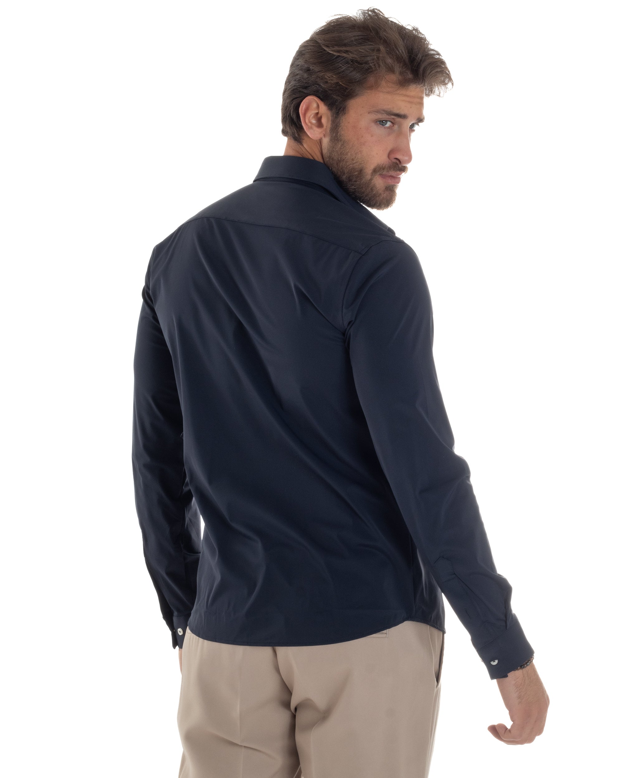 Camicia Uomo Tessuto No Stiro Basic Colletto Semi-Francese Slim Fit Casual Morbida Leggera Tinta Unita Blu GIOSAL-C2963A