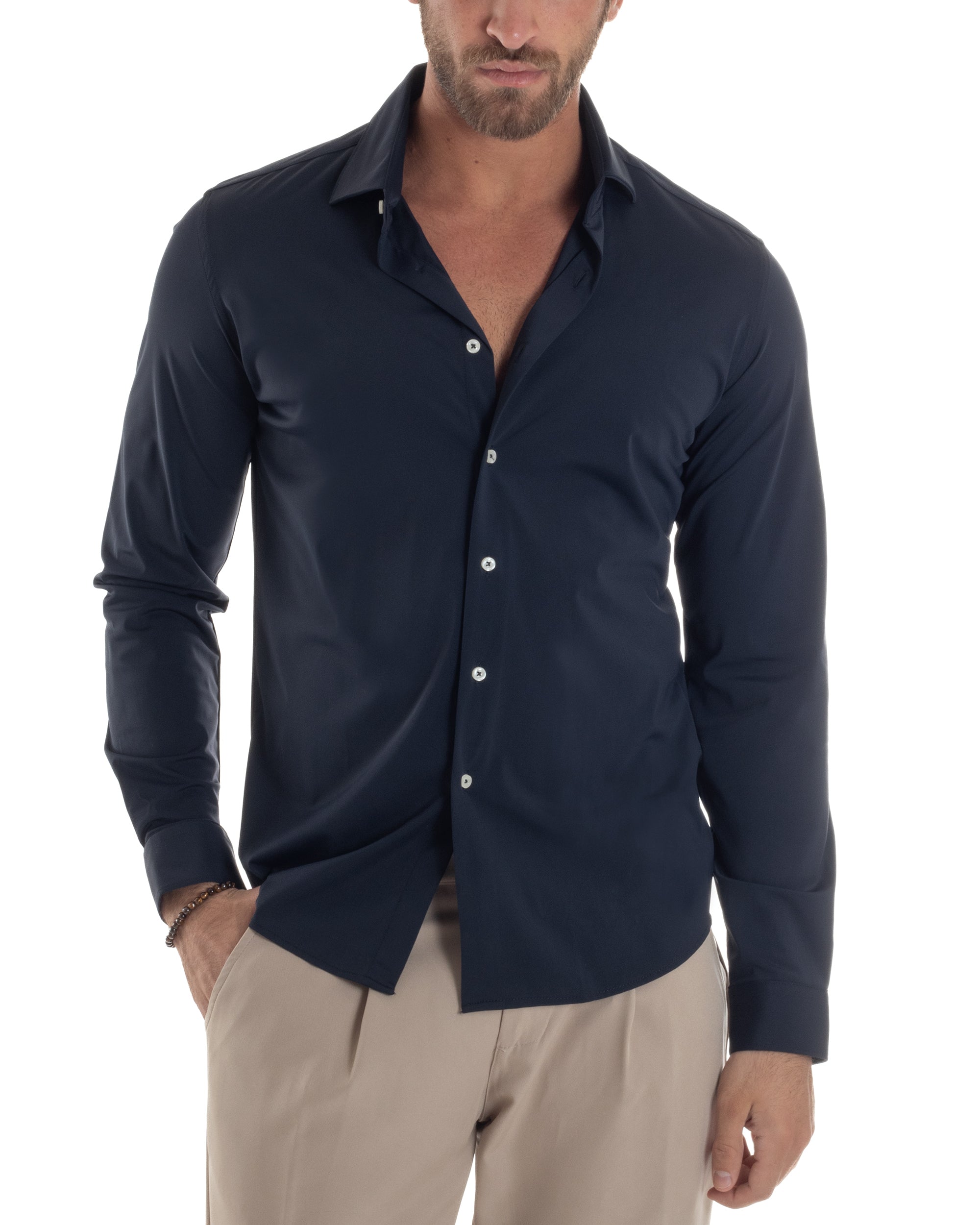 Camicia Uomo Tessuto No Stiro Basic Colletto Semi-Francese Slim Fit Casual Morbida Leggera Tinta Unita Blu GIOSAL-C2963A