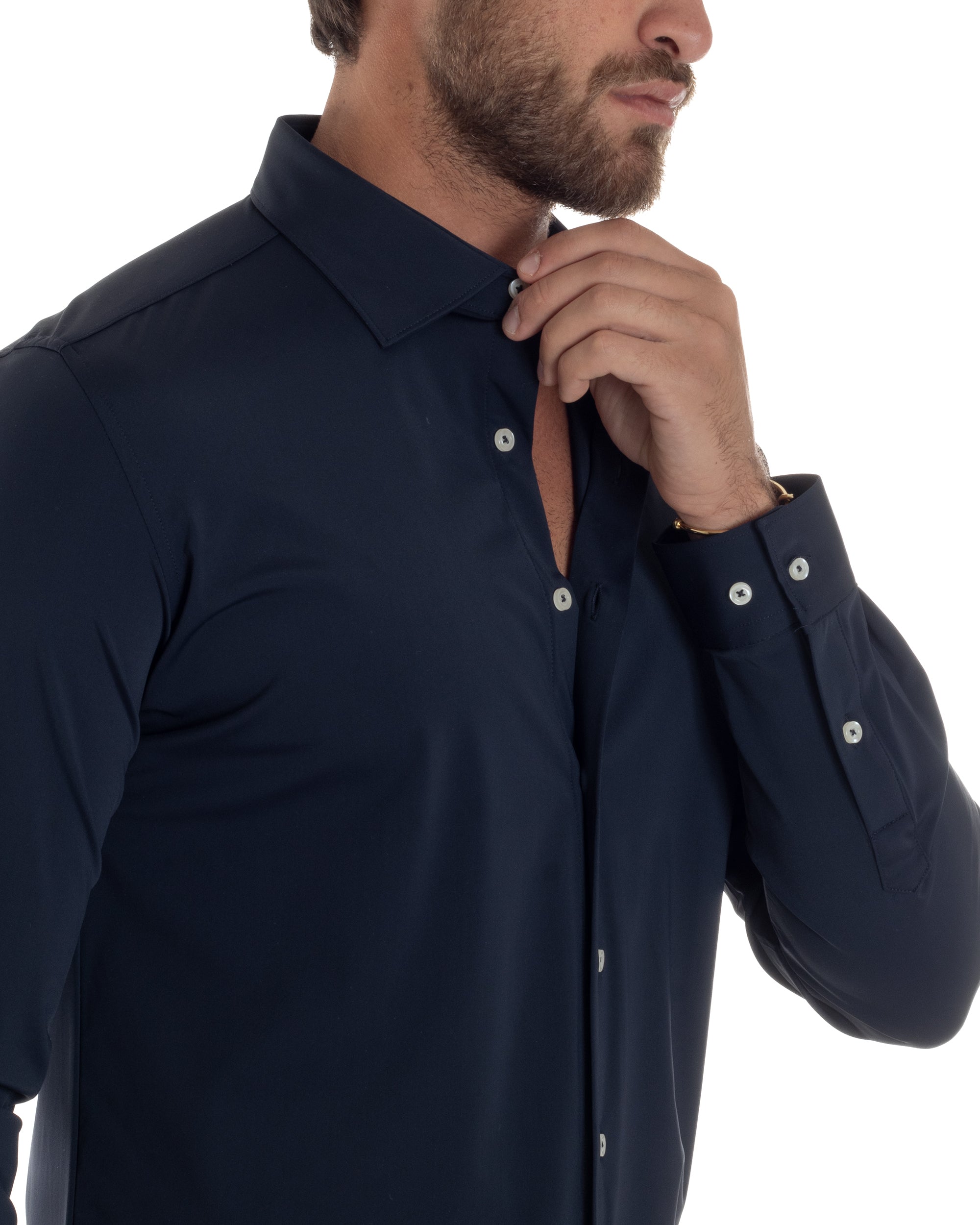 Camicia Uomo Tessuto No Stiro Basic Colletto Semi-Francese Slim Fit Casual Morbida Leggera Tinta Unita Blu GIOSAL-C2963A
