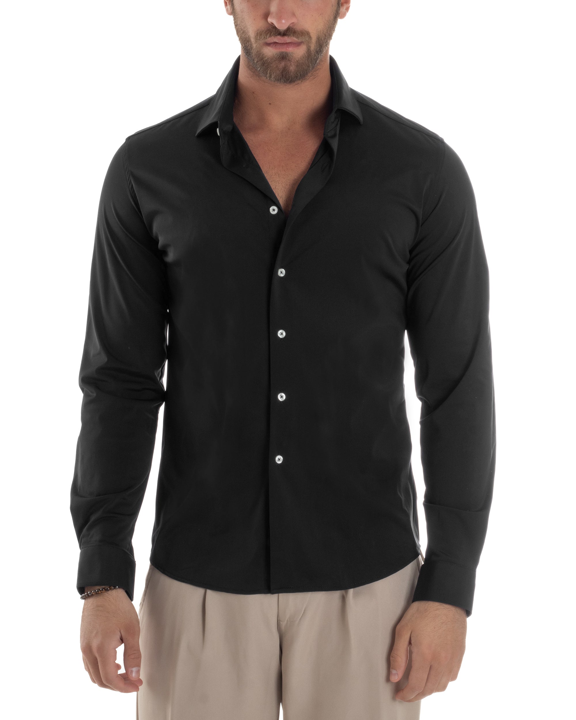 Camicia Uomo Tessuto No Stiro Basic Colletto Semi-Francese Slim Fit Casual Morbida Leggera Tinta Unita Nero GIOSAL-C2964A