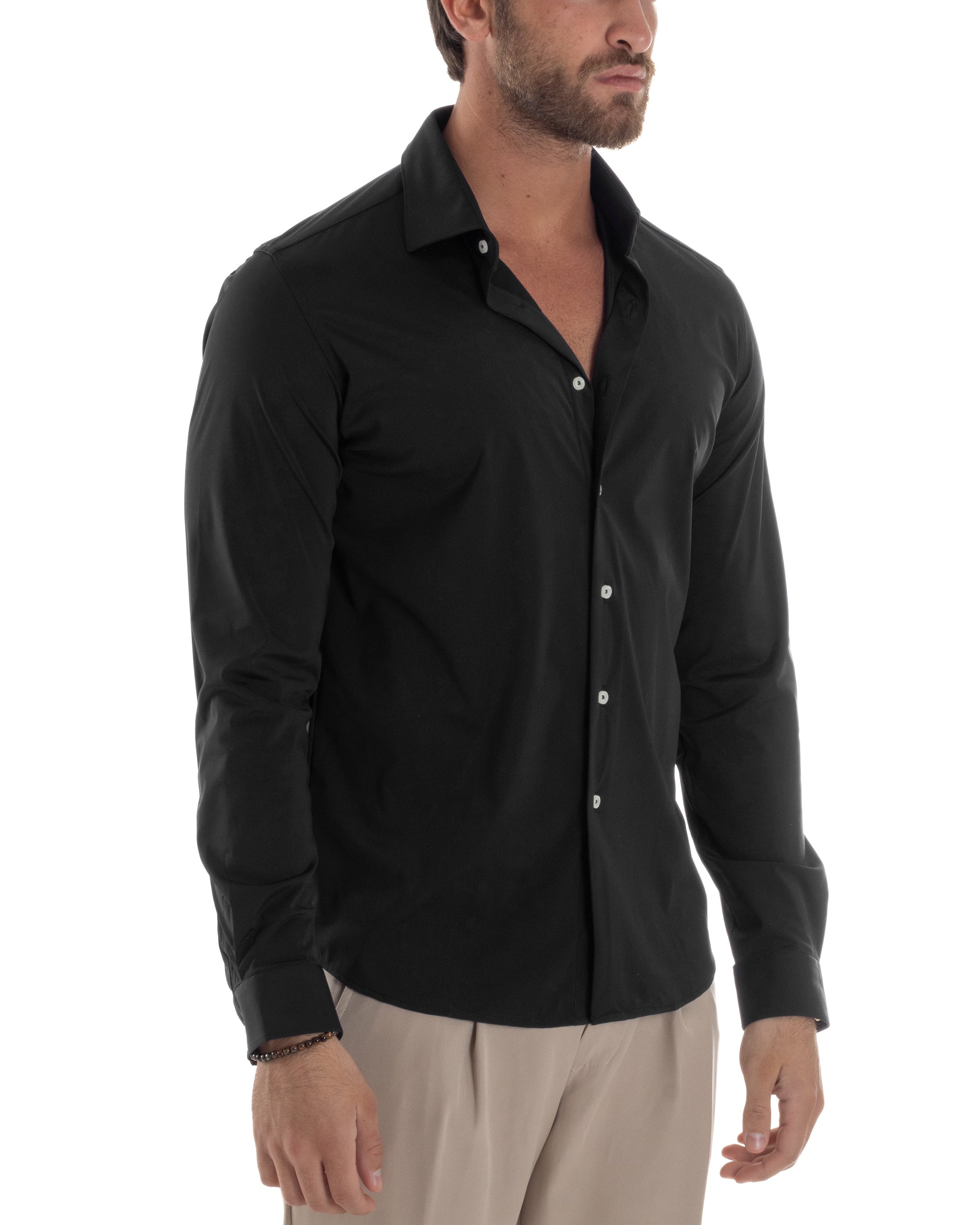 Camicia Uomo Tessuto No Stiro Basic Colletto Semi-Francese Slim Fit Casual Morbida Leggera Tinta Unita Nero GIOSAL-C2964A