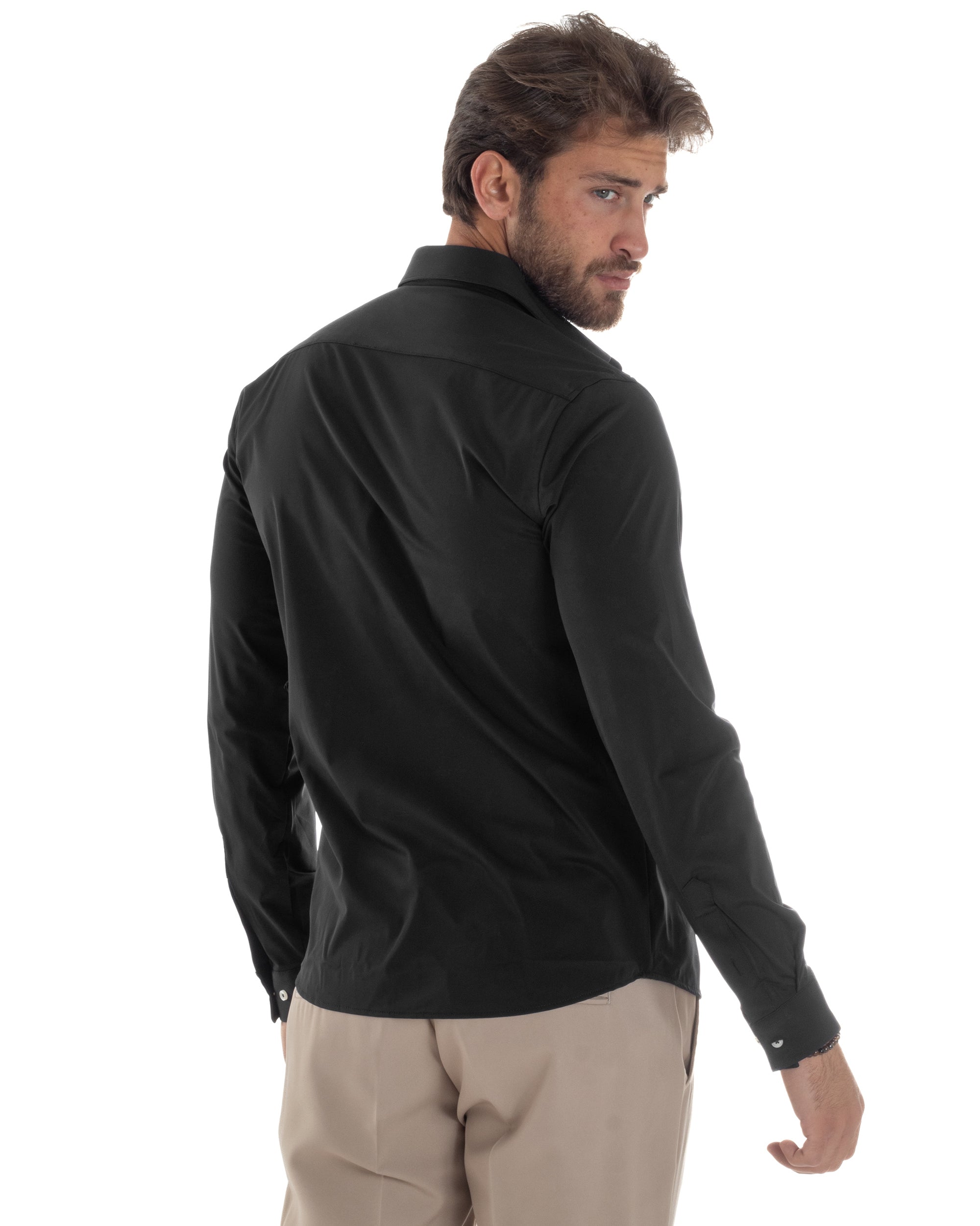 Camicia Uomo Tessuto No Stiro Basic Colletto Semi-Francese Slim Fit Casual Morbida Leggera Tinta Unita Nero GIOSAL-C2964A
