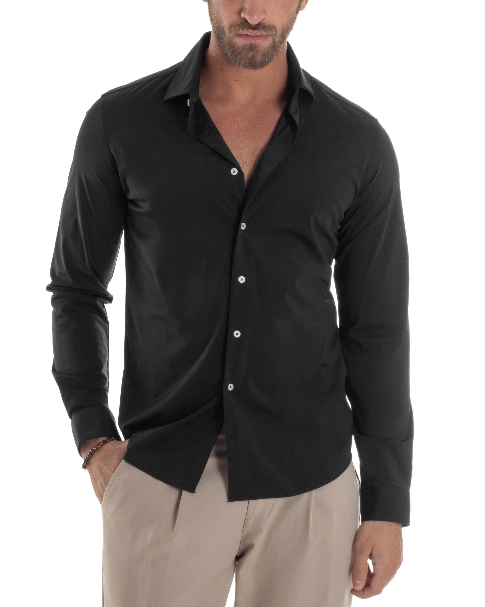 Camicia Uomo Tessuto No Stiro Basic Colletto Semi-Francese Slim Fit Casual Morbida Leggera Tinta Unita Nero GIOSAL-C2964A