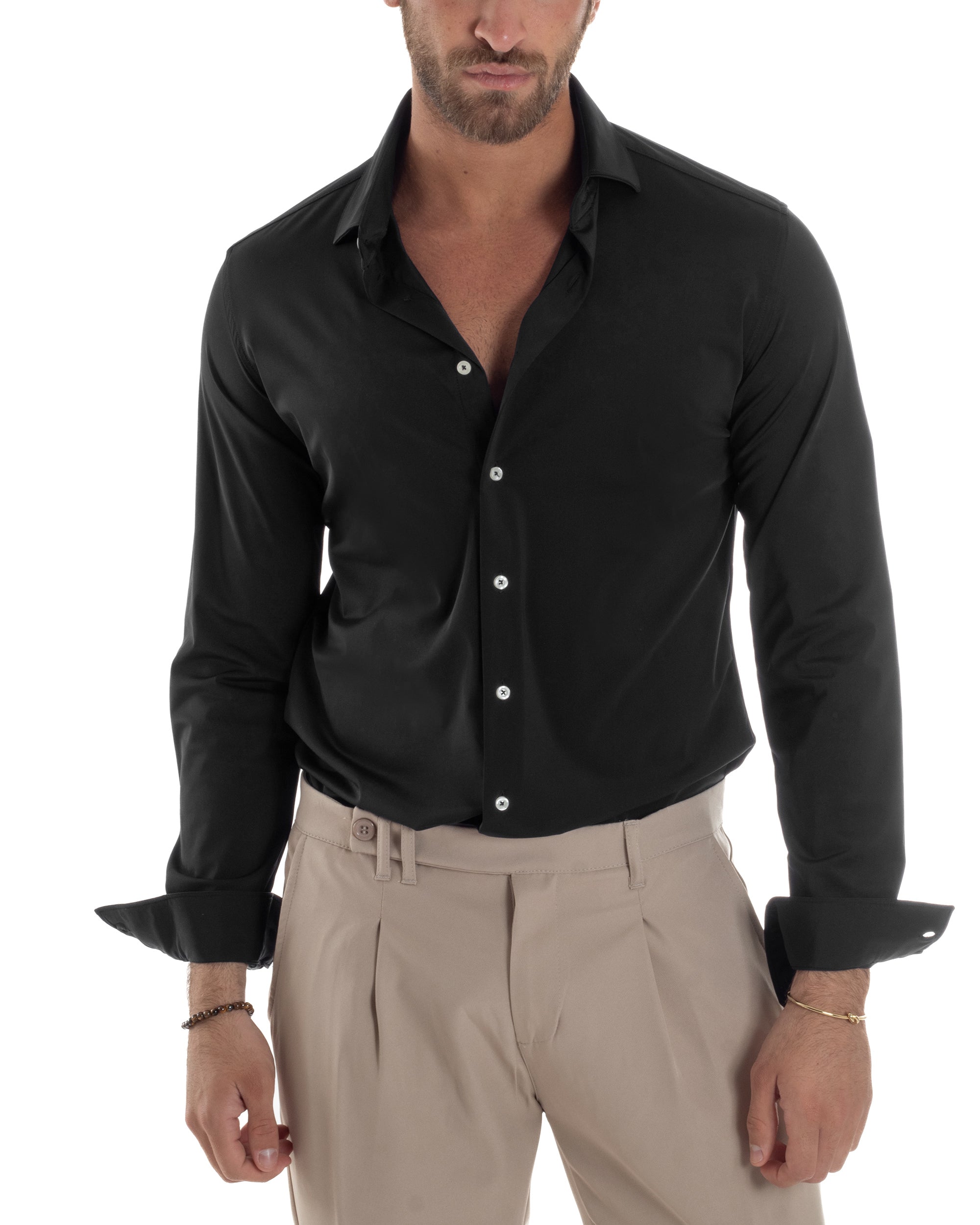 Camicia Uomo Tessuto No Stiro Basic Colletto Semi-Francese Slim Fit Casual Morbida Leggera Tinta Unita Nero GIOSAL-C2964A