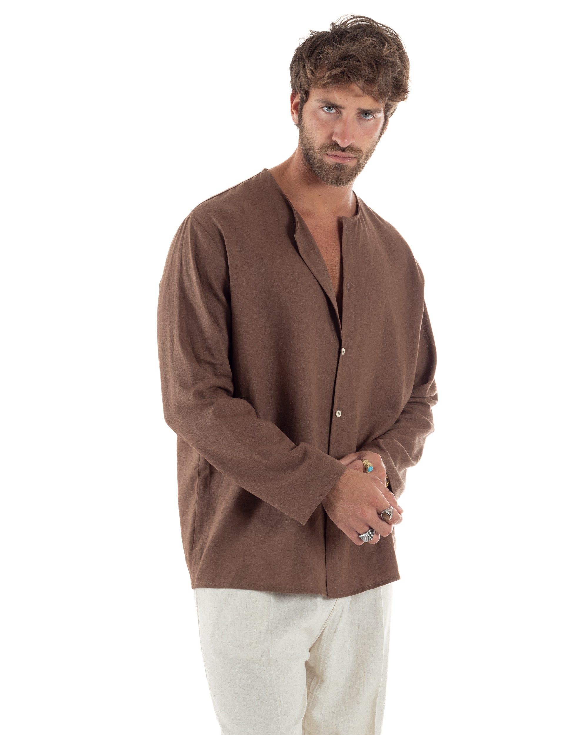 Men's Long Sleeve Shirt Cotton Henley Collar Round Neck With Buttons Regular Fit Casual Black GIOSAL-C2870A