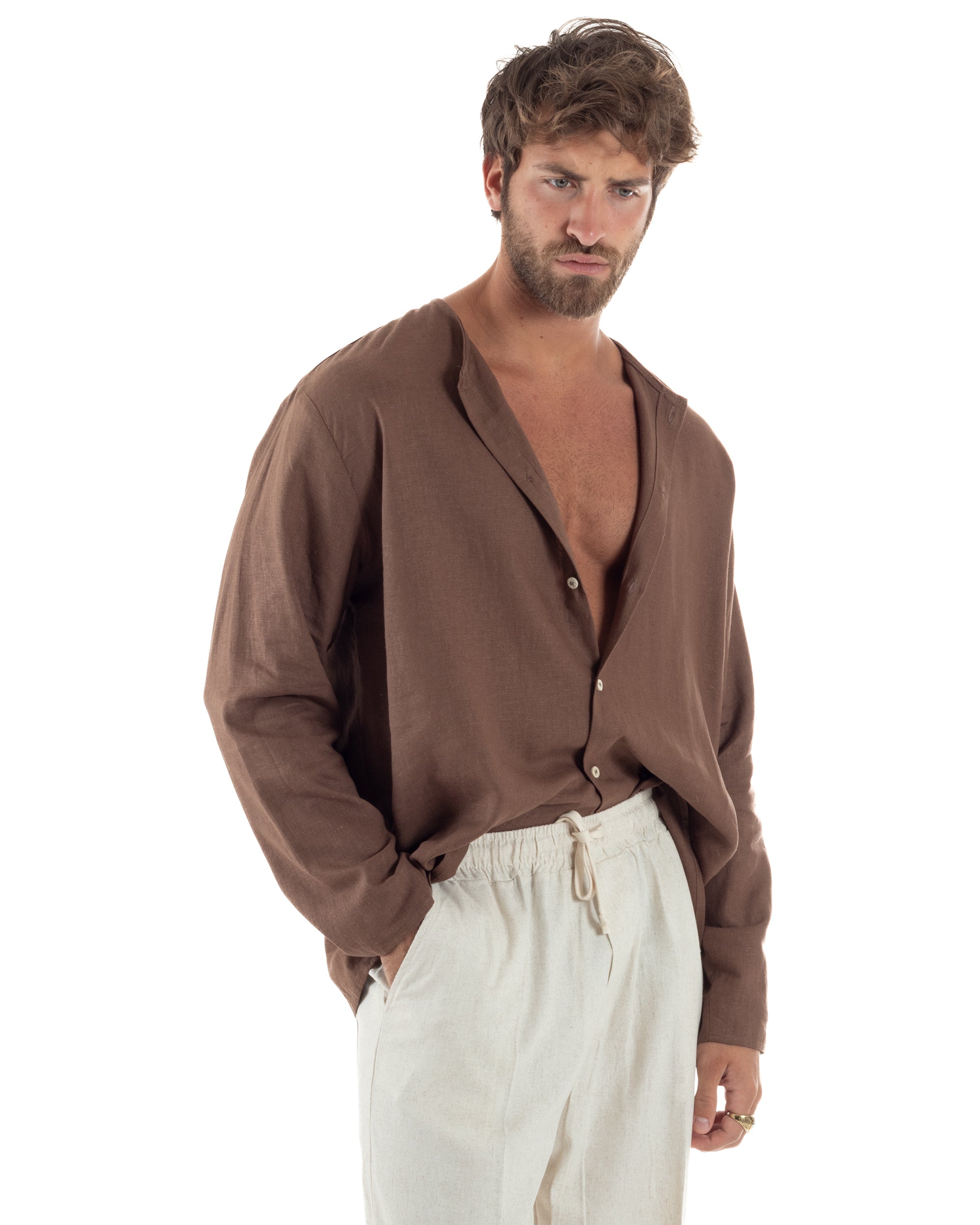 Men's Long Sleeve Shirt Cotton Henley Collar Round Neck With Buttons Regular Fit Casual Black GIOSAL-C2870A