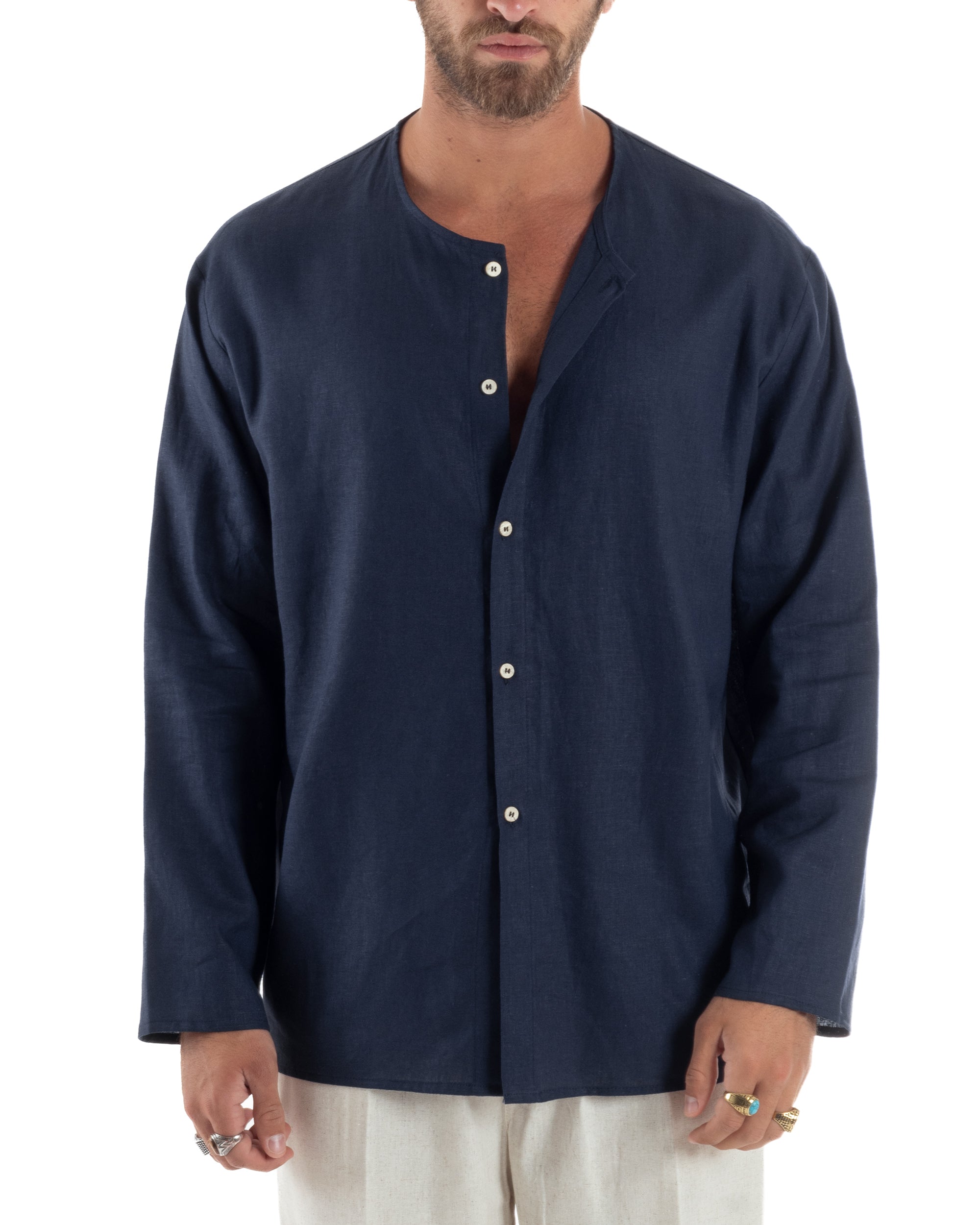 Camicia Lino Casacca Relaxed Fit Collo Coreano Blu C2968A